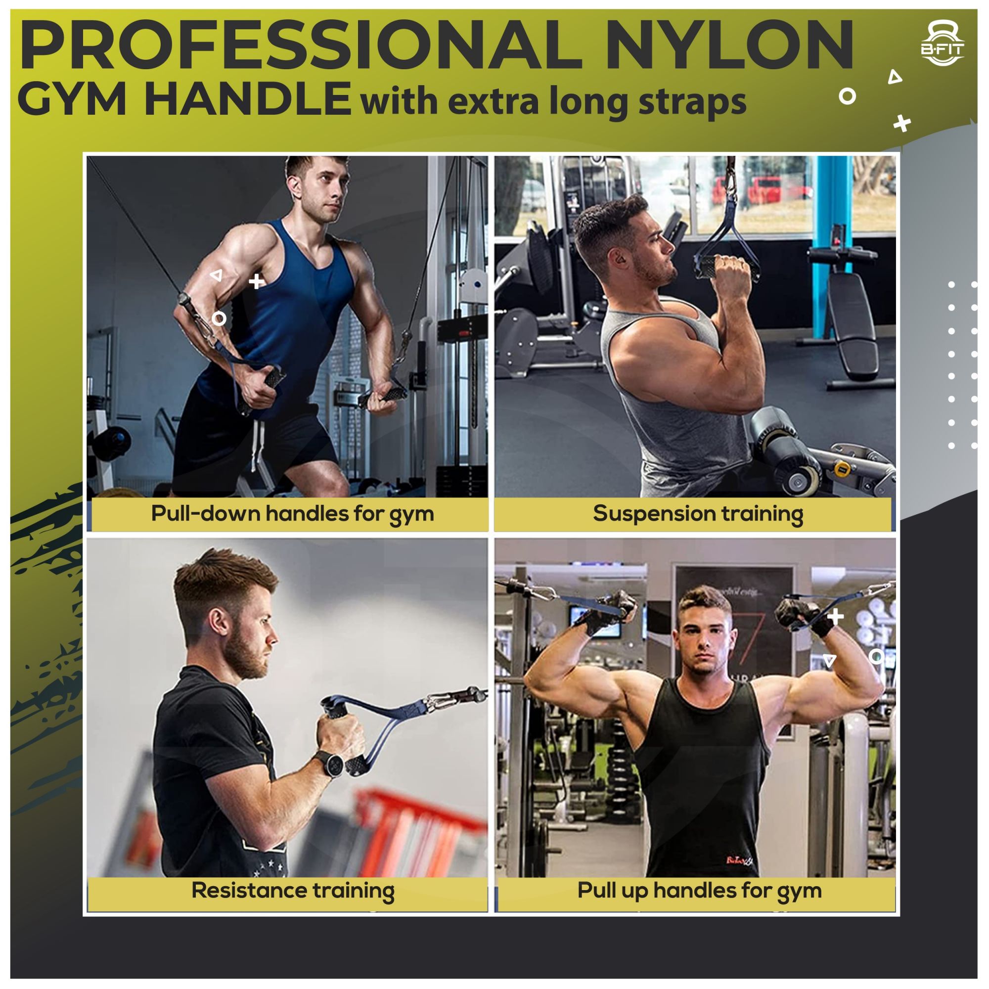 B Fit Heavy Duty Nylon Gym Handle with long strap Pair