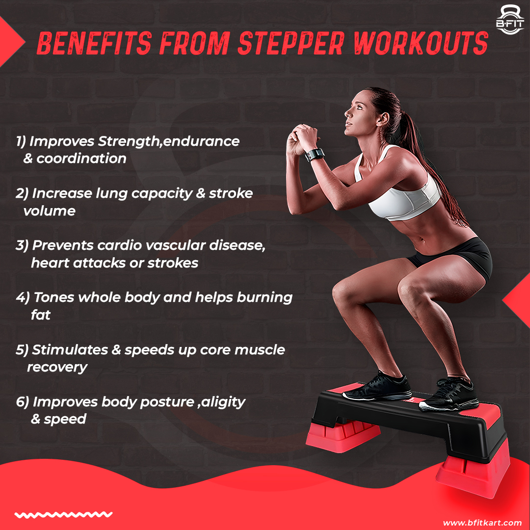 B Fit Big Size Aerobic Step - 2 Levels Height Adjustable 68 inch Color Red and Black Non Slip Rubber Surface 200 kg Max - Fitness Stepper Board
