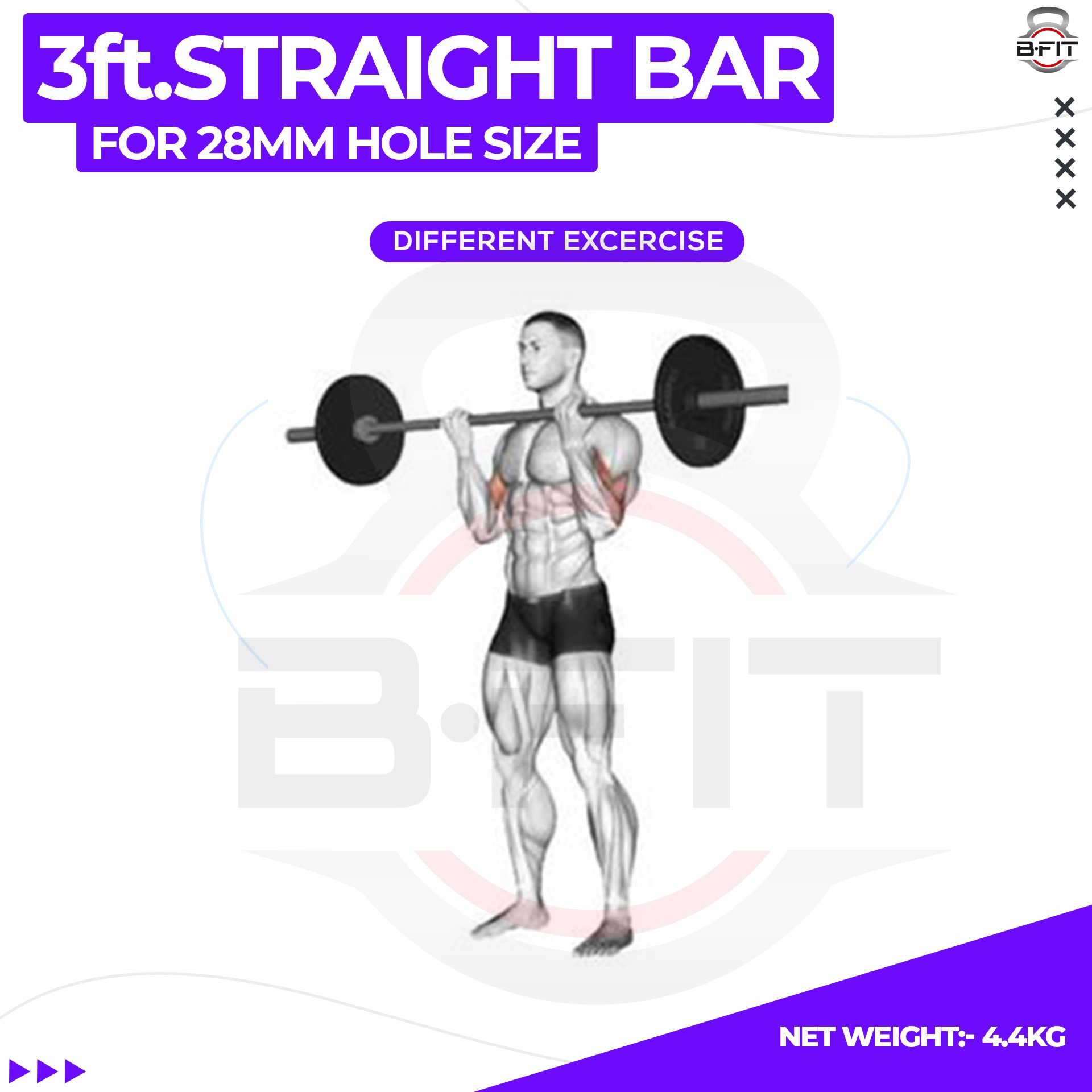 B Fit Weight Lifting Bar 3 Feet Dia 28 MM with Premium Collar pair
