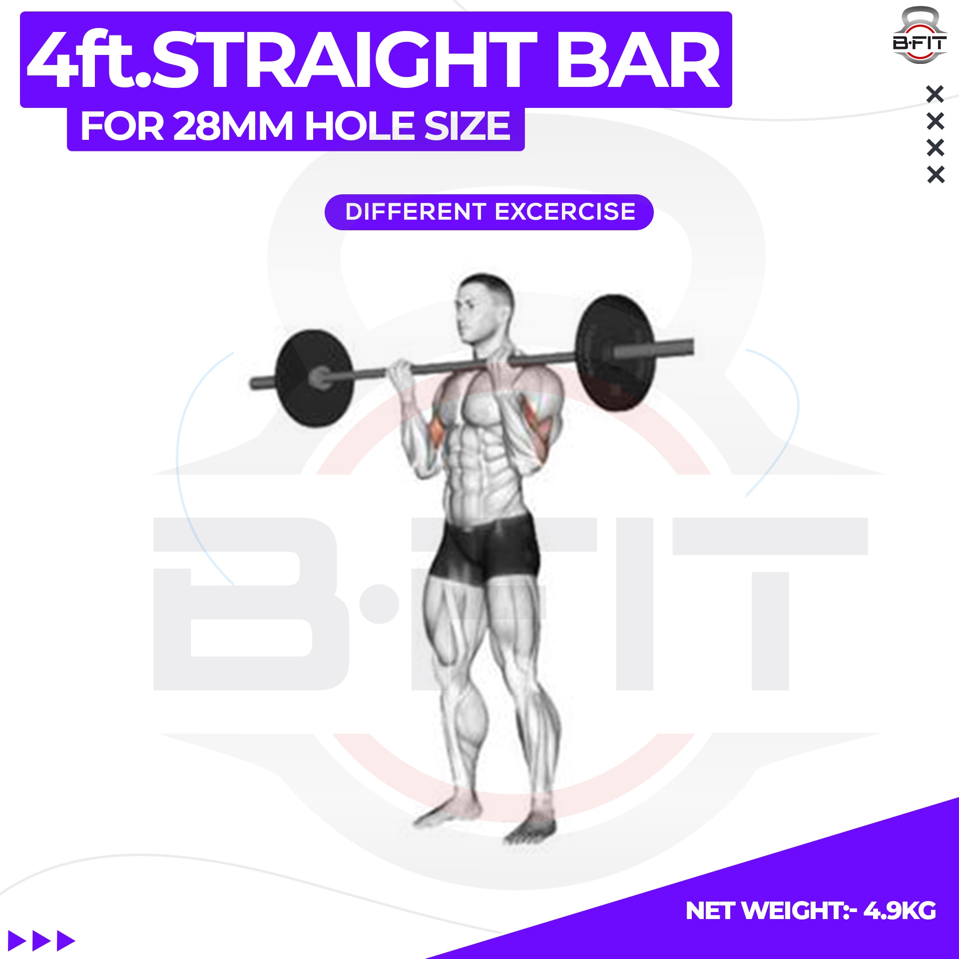B Fit Weight Lifting Bar 4 Feet Dia 28 MM with Premium Collar pair