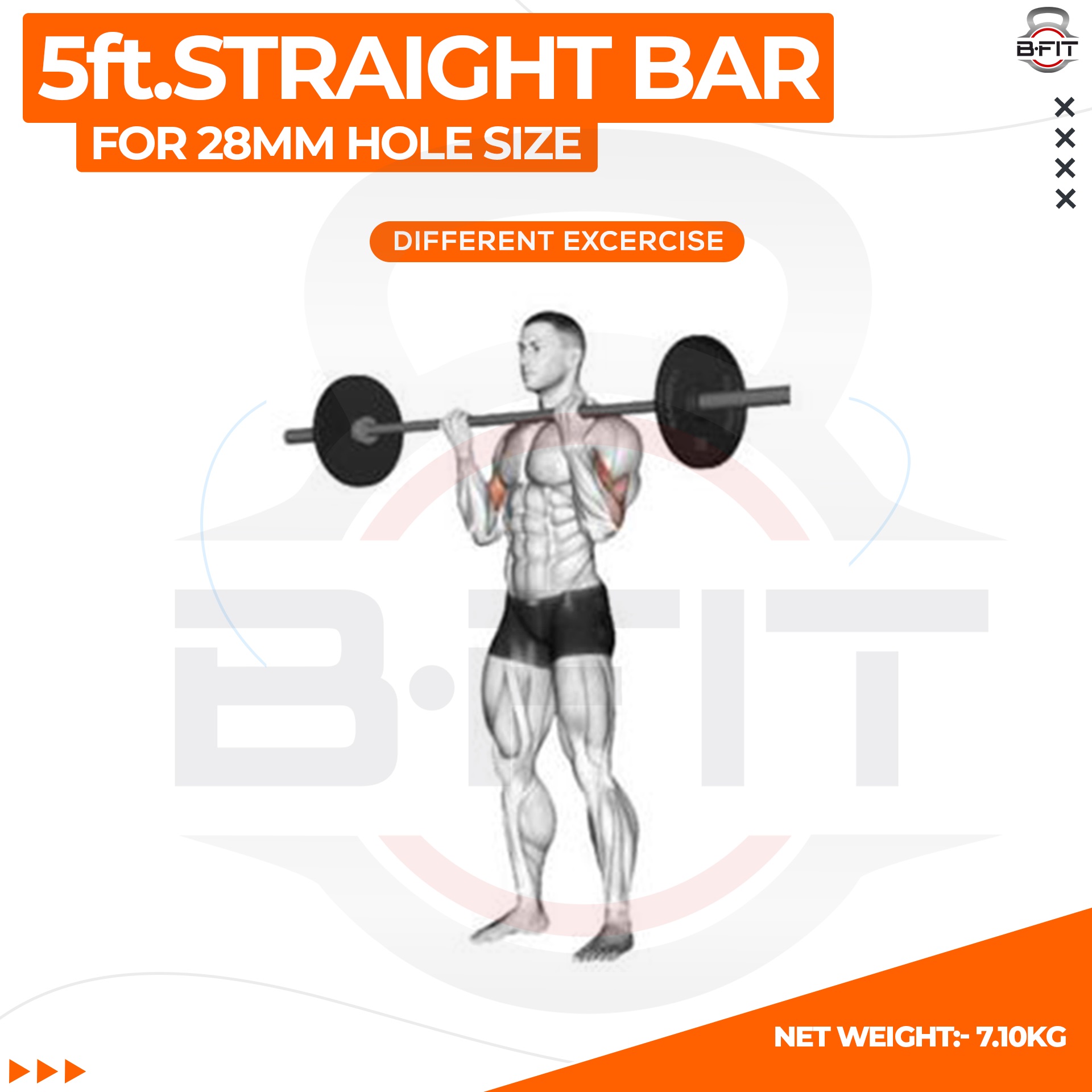 B Fit Weight Lifting Bar 5 Feet Dia 28 MM with Premium Collar pair
