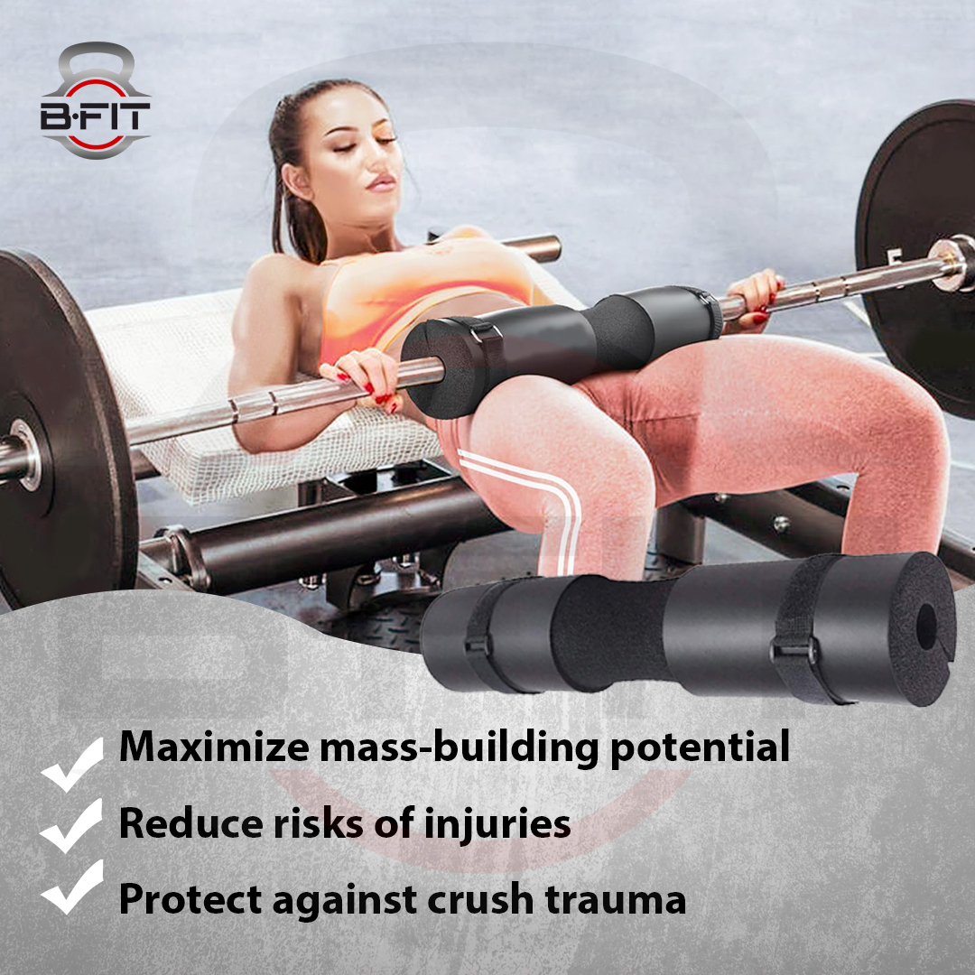 B Fit Barbell Squat Pad with Strap - Neck  Shoulder Protective Pad - Great for Squats Lunges Hip Thrusts Weight Lifting  More - Fit Standard and Olympic Bars Perfectly