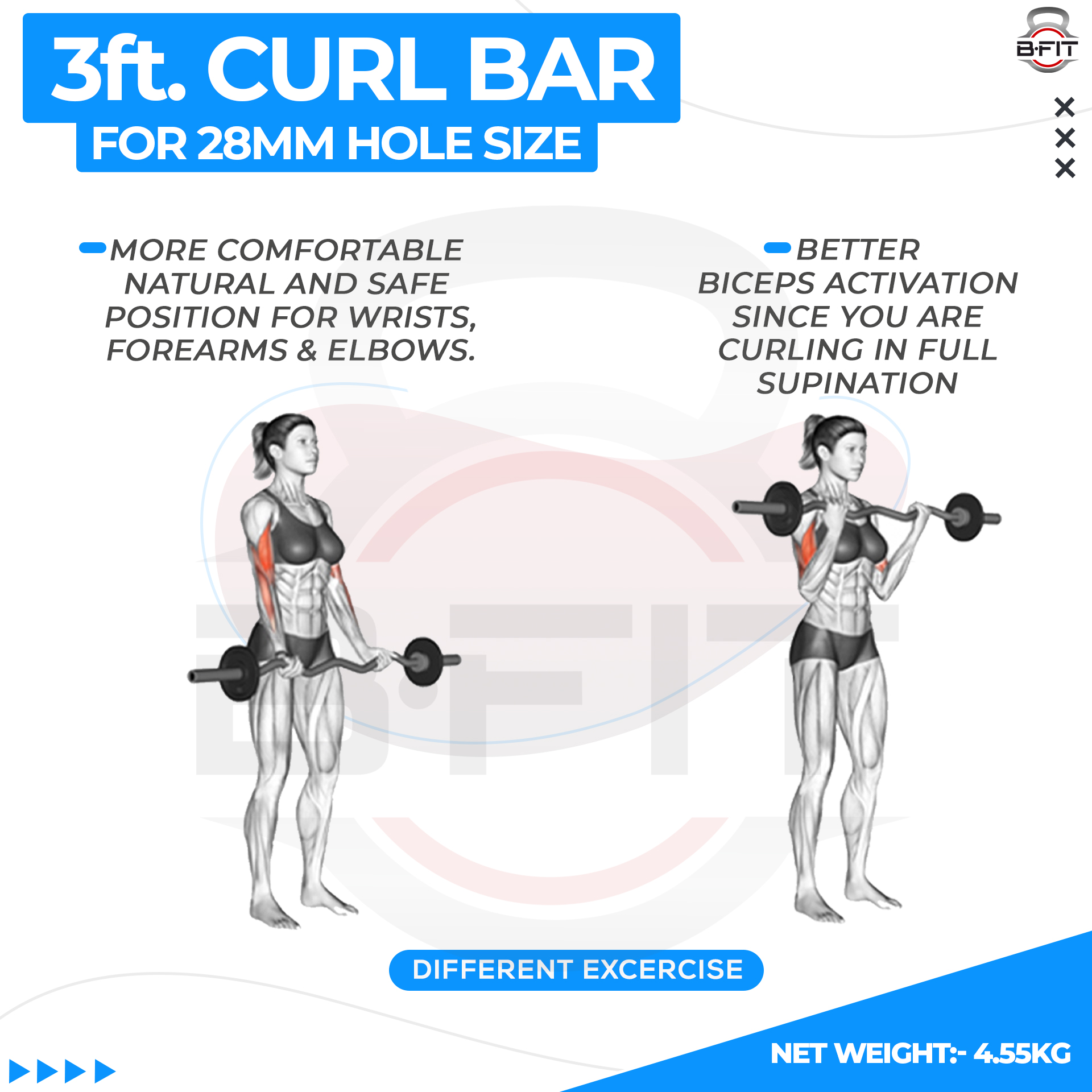 B Fit Weight Lifting EZ Curl Bar 3 Feet Dia 28 MM with Premium Collar pair
