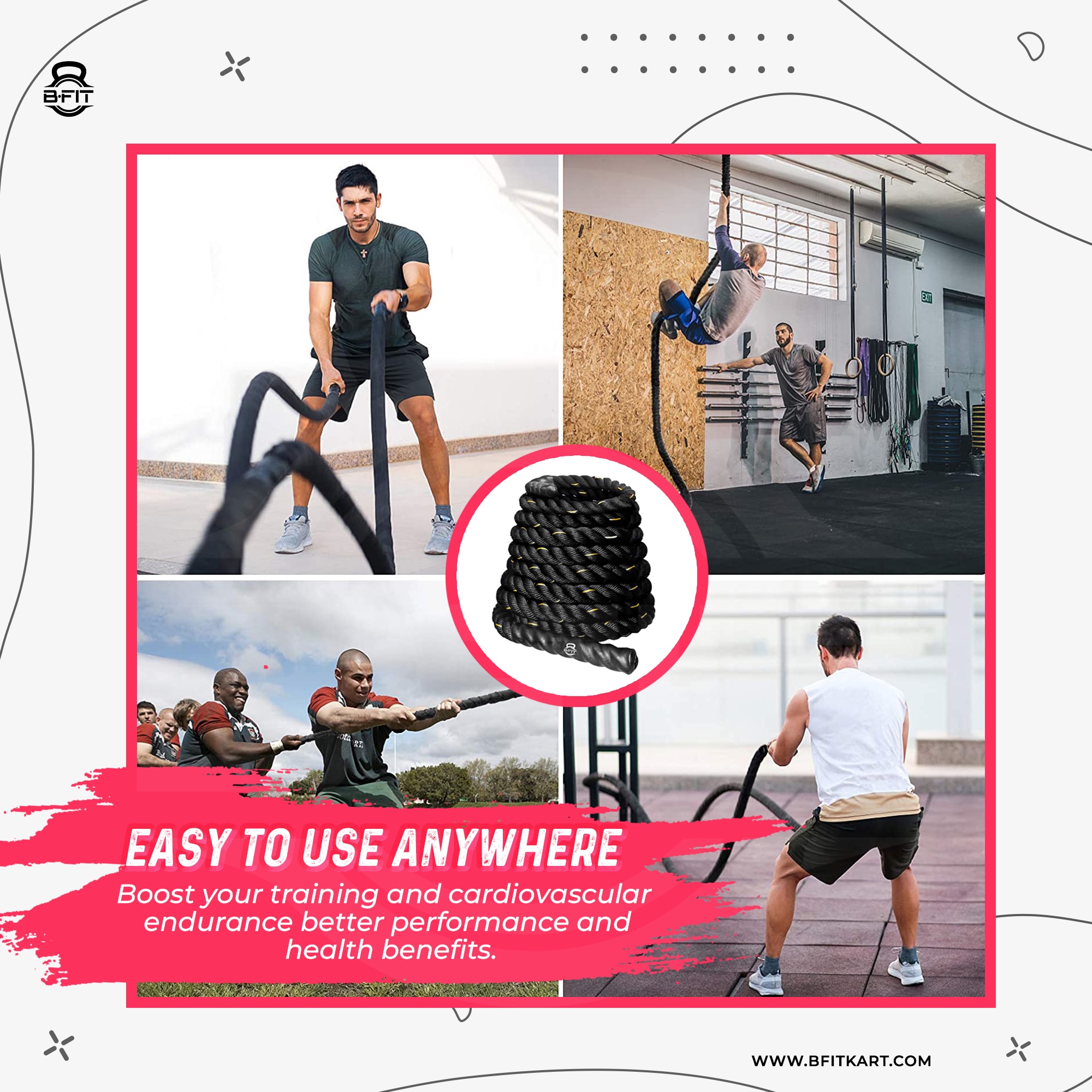 B Fit Battle Rope Length 33 Feet 15 Thick with Anchor Kit Full Body Workout Equipment to Lose Fat Boost Strength Fast Efficient Heavy Rope