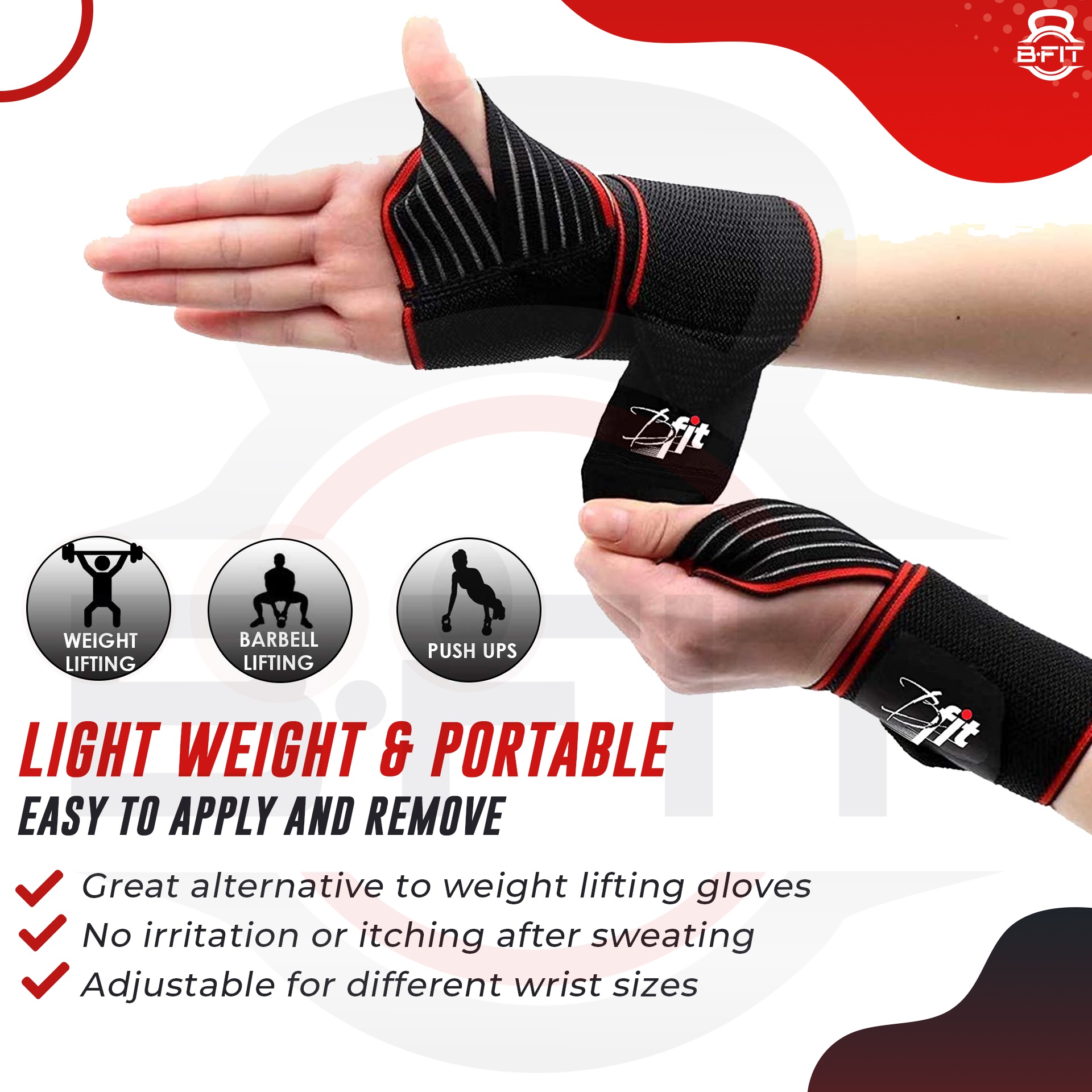 B Fit Pair of Weightlifting Support Straps with Thumb Loops - Heavy Duty Wrist Wraps Support Braces for Gym Weight TrainingPowerlifting Strength Fitness Training