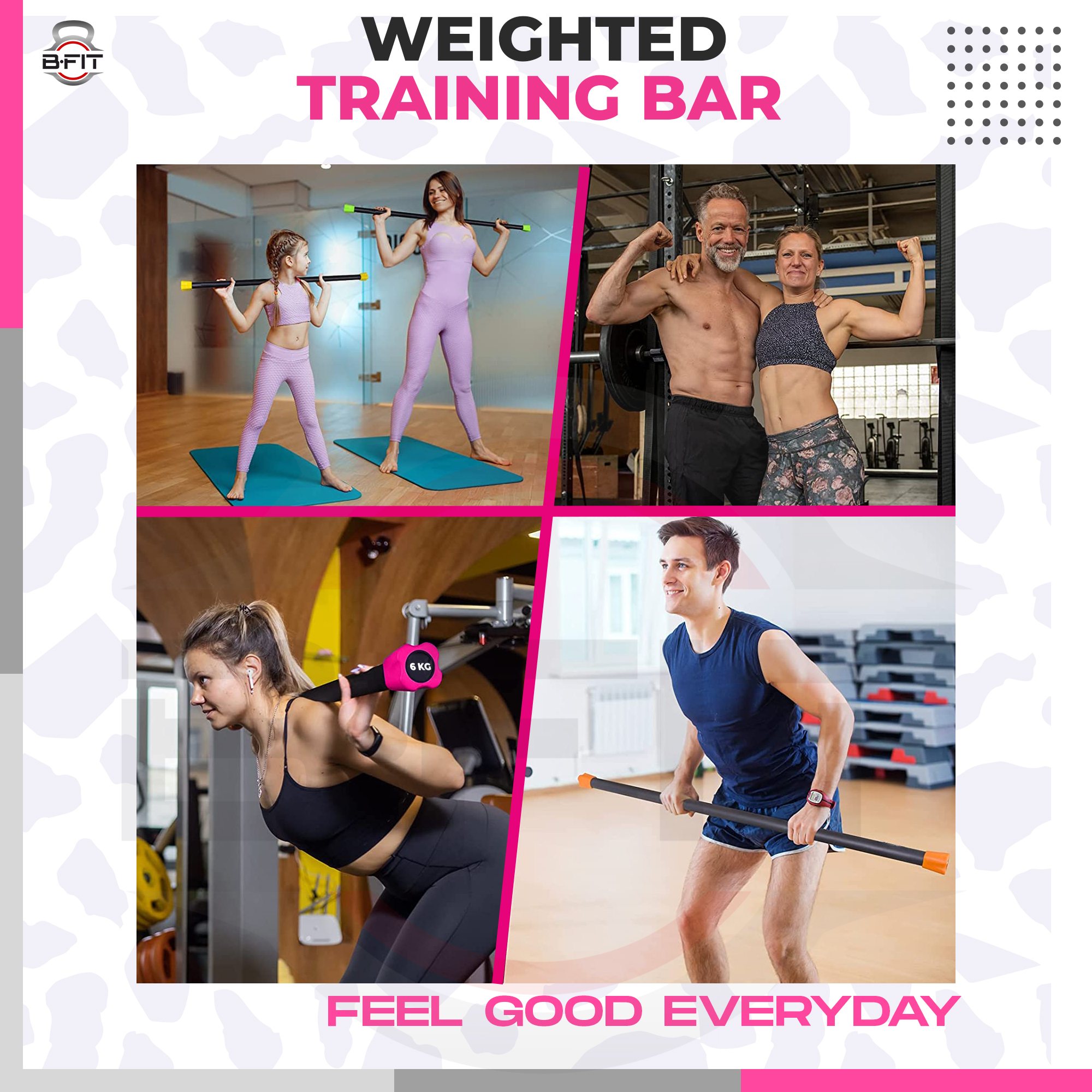 B Fit Weighted Workout Bar 6 Kg - Padded Foam 47 Heavy-Duty Solid Steel Exercise Bar for Physical Therapy Aerobics Yoga Pilates - Premium Equipment