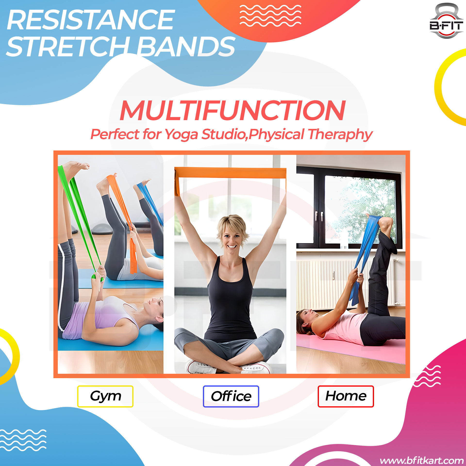 B Fit Exercise Rubber Stretch Resistance Bands Set of 3 -Men Women Home Gym Fitness Equipment for Physical Therapy Pilates Stretch Yoga Strength Training Workout