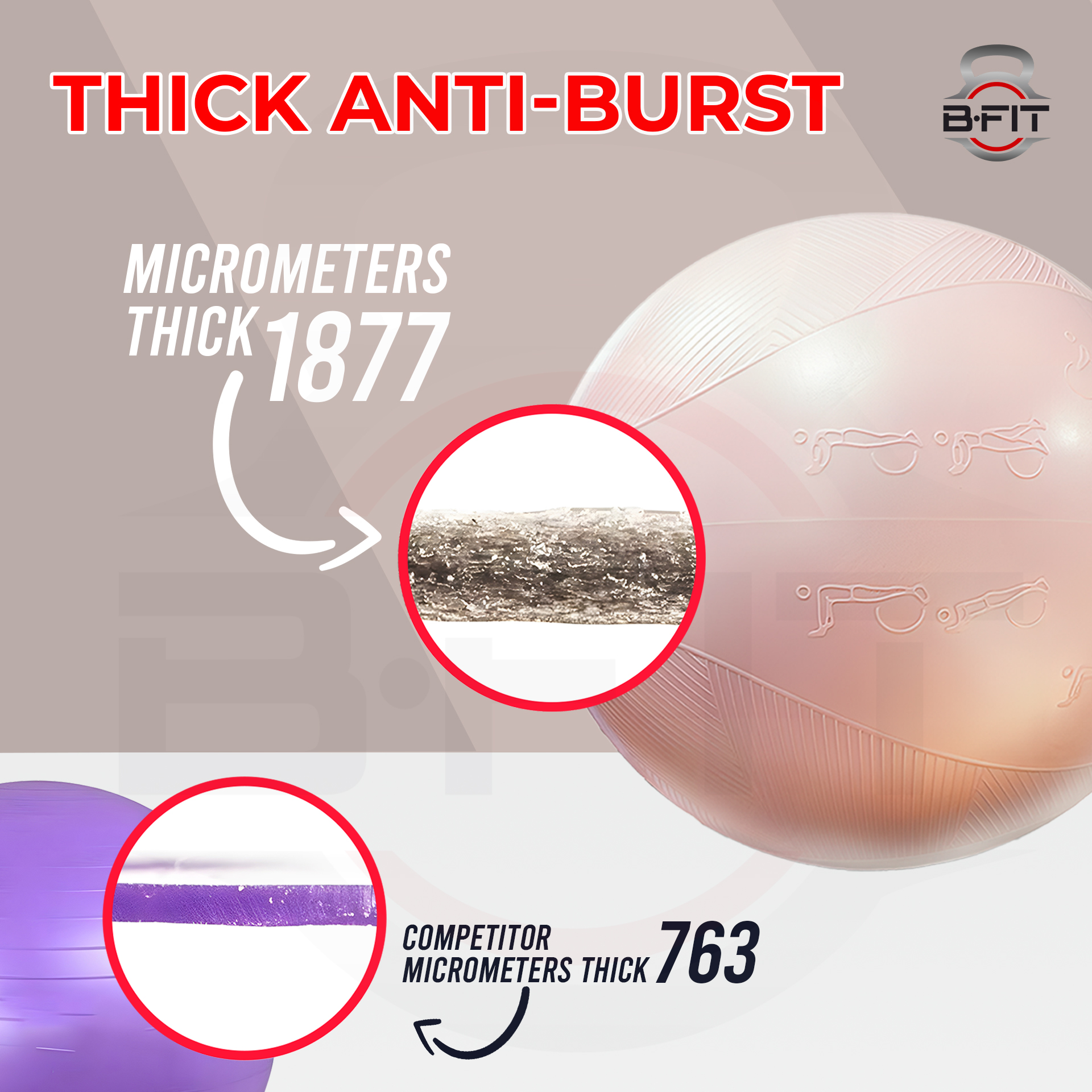 B Fit Exercise Printed Heavy Duty Peach Textured Commercial Gym Ball 65-75 Cm - Non-Slip Stability Ball - Anti Burst Yoga Ball