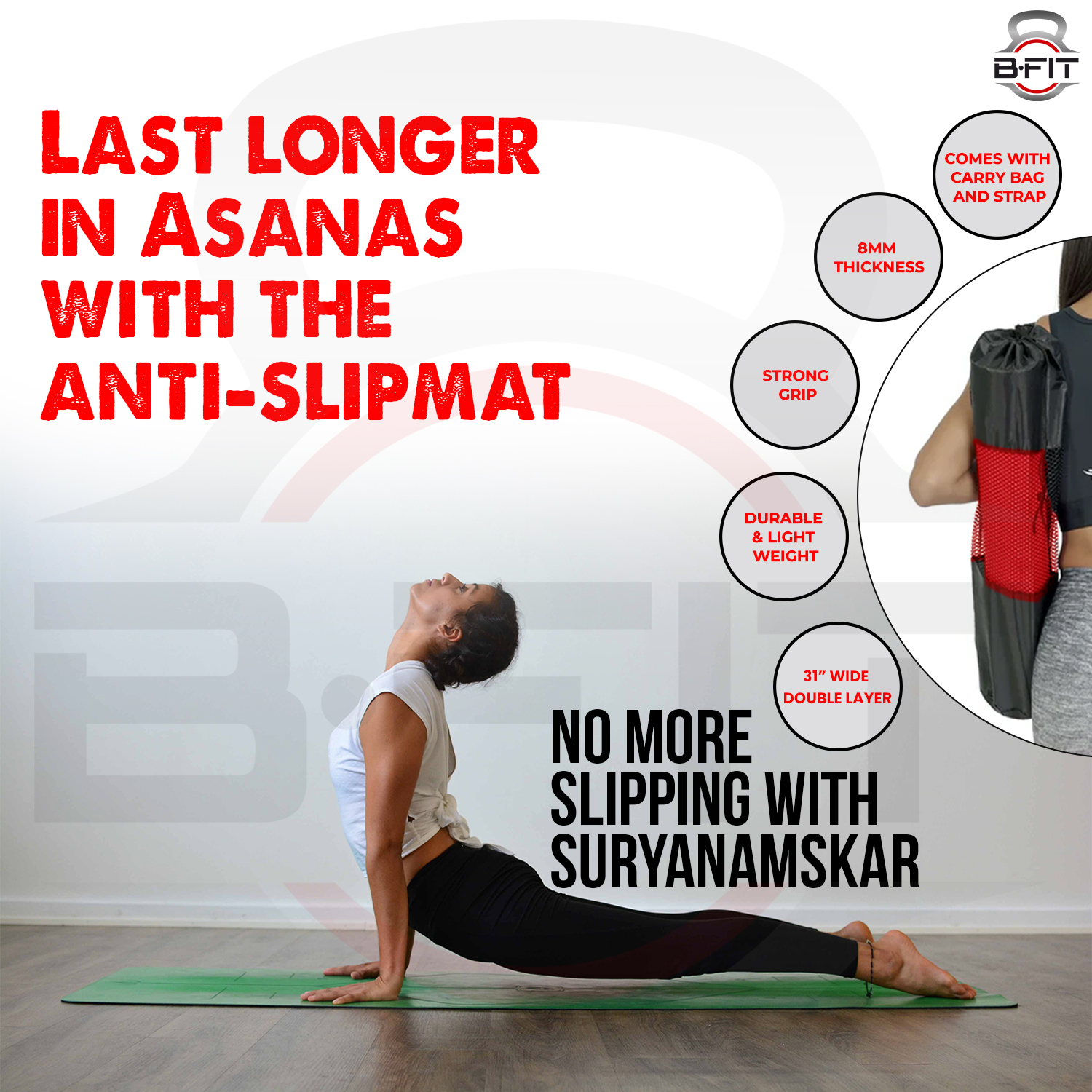 B Fit Extra Wide 31x72 Inch 8 MM Thick Premium TPE Yoga Mat with Alignment Printed Red Black Color - Classic Pro Yoga Mat Eco Friendly Non Slip Fitness Exercise Mat with Smart Carry Bag-Workout Mat for Yoga Pilates and Floor Exercises