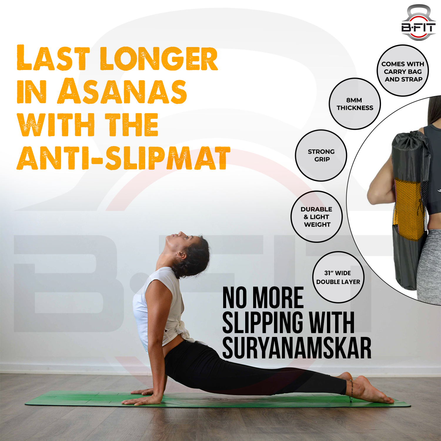 B Fit Extra Wide 31x72 Inch 8 MM Thick Premium TPE Yoga Mat with Alignment Printed Orange Black Color - Classic Pro Yoga Mat Eco Friendly Non Slip Fitness Exercise Mat with Smart Carry Bag-Workout Mat for Yoga Pilates and Floor Exercises