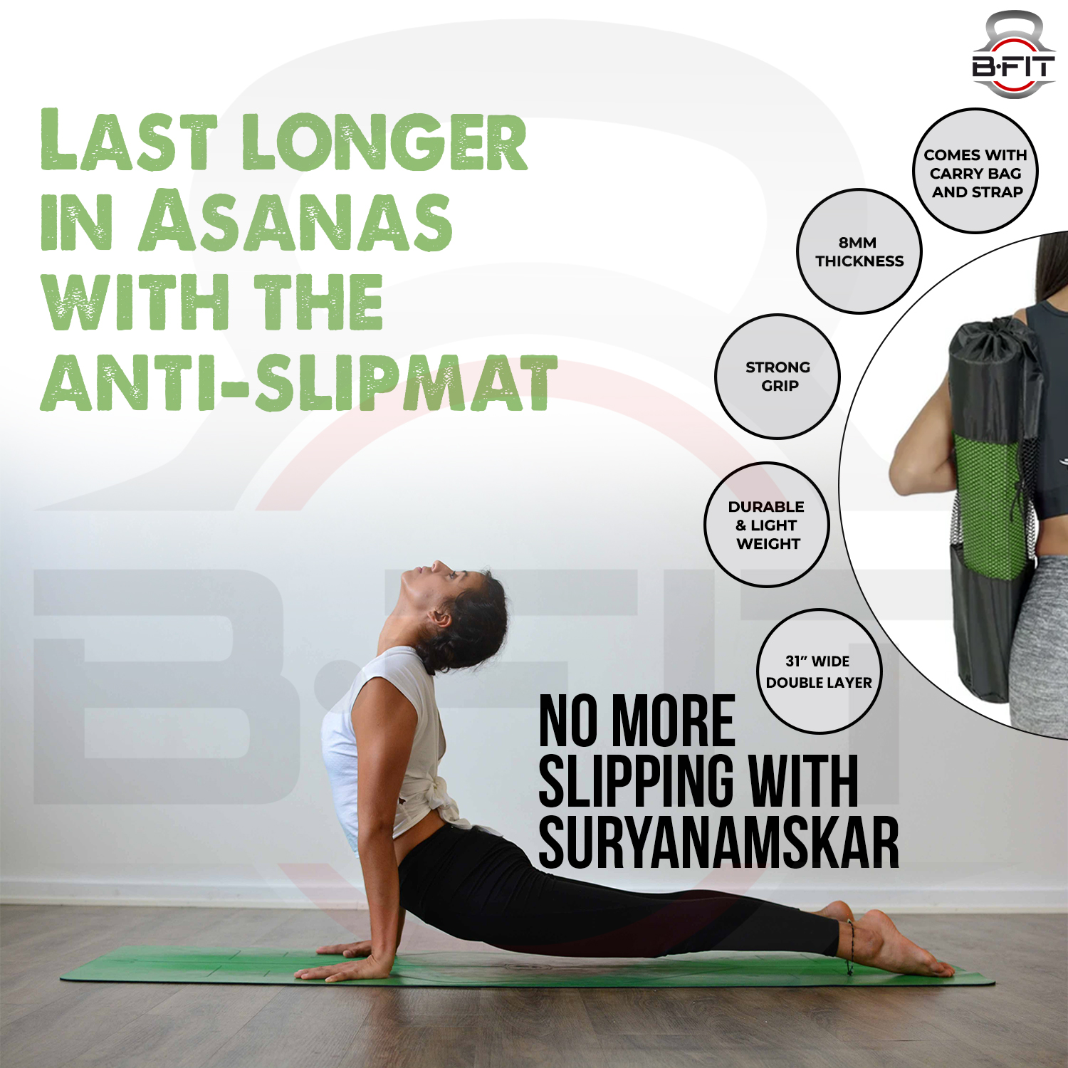 B Fit  Extra Wide 31x72 Inch 8 MM Thick Premium TPE Yoga Mat with Alignment Printed Green-Grey  Color   - Classic Pro Yoga Mat Eco Friendly Non Slip Fitness Exercise Mat with Smart Carry Bag-Workout Mat for Yoga Pilates and Floor Exercises