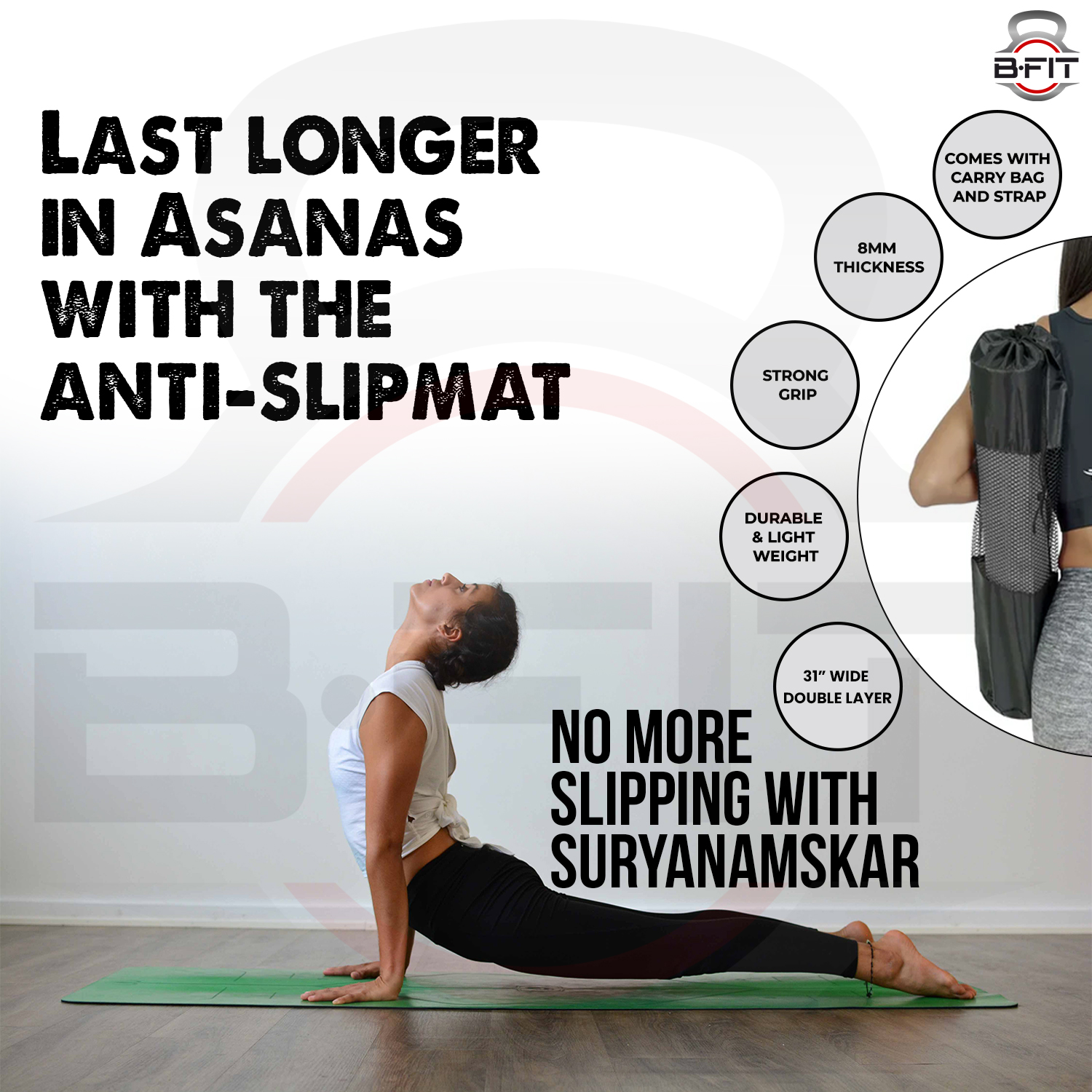 B Fit Extra Wide 31x72 Inch 8 MM Thick Premium TPE Yoga Mat with Alignment Printed Green-Black Color - Classic Pro Yoga Mat Eco Friendly Non Slip Fitness Exercise Mat with Smart Carry Bag-Workout Mat for Yoga Pilates and Floor Exercises