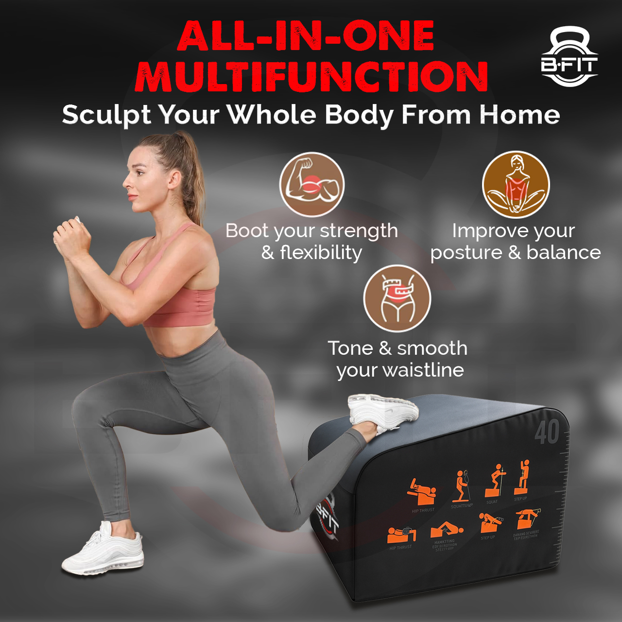 B Fit Hip Thrust Bench Multi-Functional Workout Box with Non-Slip Pad for Hip Thrust Glute Bridge Strength Training 700LB Load Capacity Glute Workout Equipment for Home and Gym