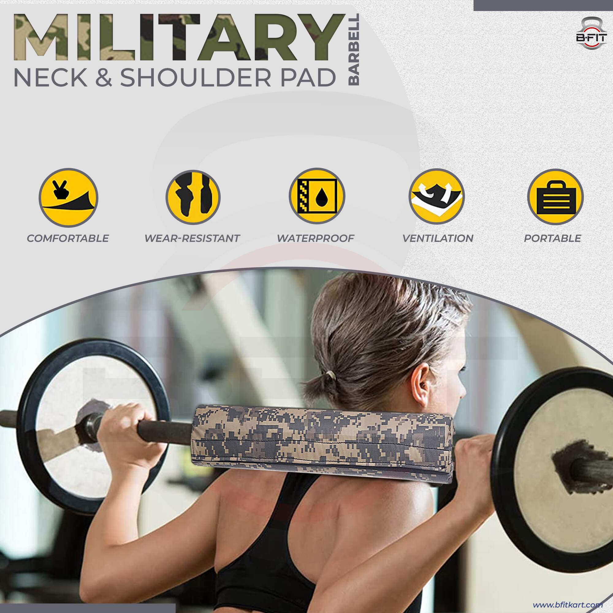 B Fit 17 Inches Military Color Extra Thick Barbell Neck Pad and Shoulder Support for Weight Lifting Crossfit Powerlifting Fits Olympic Size Bars and a Smith Machine Bar