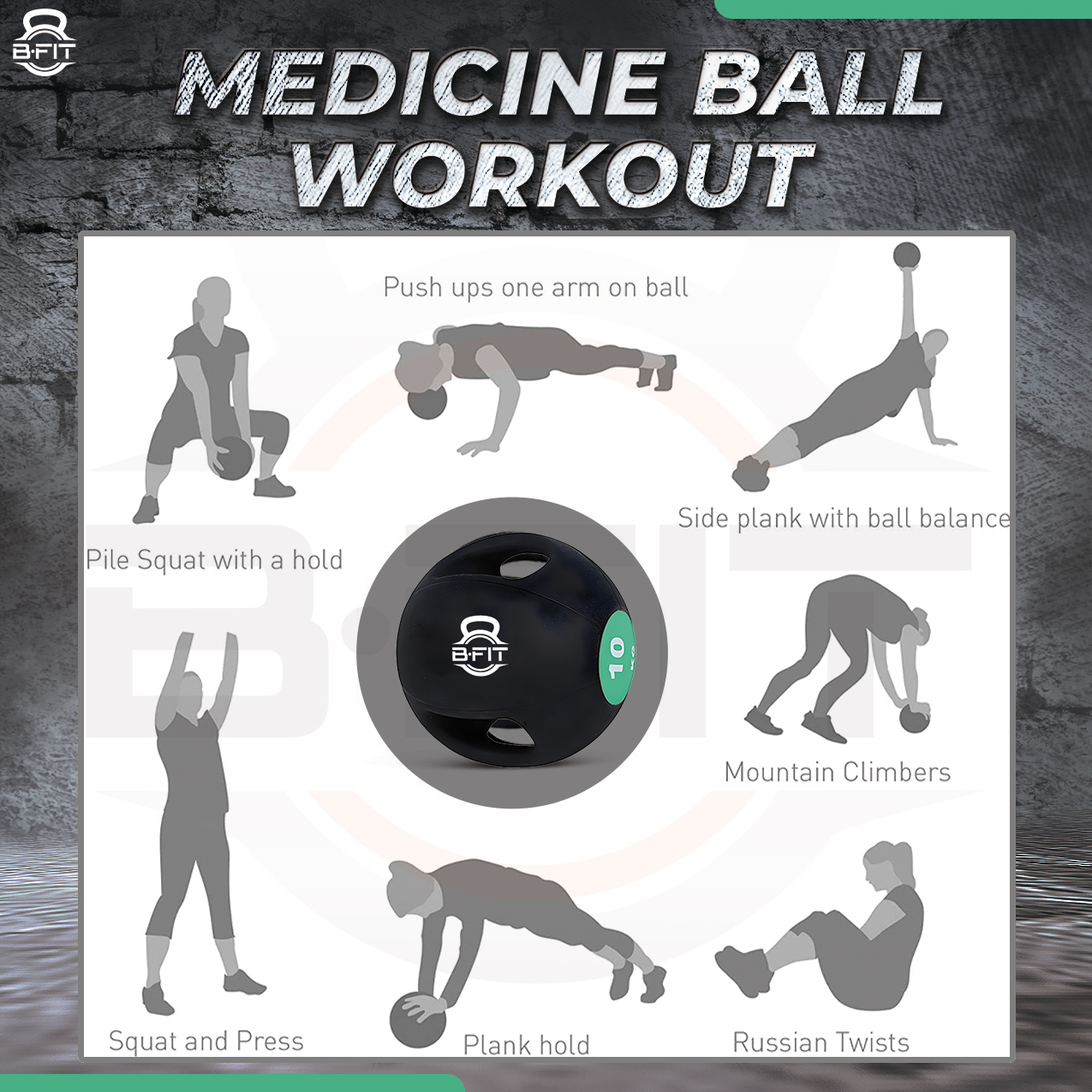 B Fit Dual Grip Medicine Ball 10 Kgs for Fitness Weighted Balance Plyometric Training Muscle Build