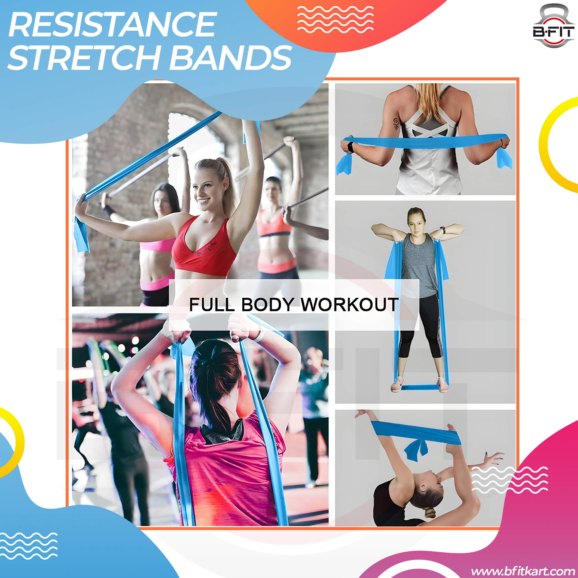 B Fit Exercise Rubber Stretch Resistance Bands Set of 3 -Men Women Home Gym Fitness Equipment for Physical Therapy Pilates Stretch Yoga Strength Training Workout