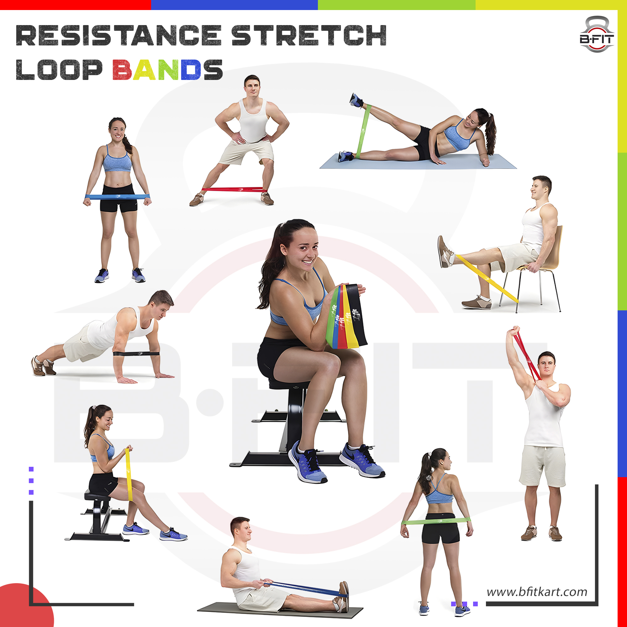 B FIT Resistance Loop Exercise Bands Set of 5 Fitness Bands Perfect for Legs and Butt Yoga Crossfit Strength Training Pilates with Instruction Guide Carry Bag