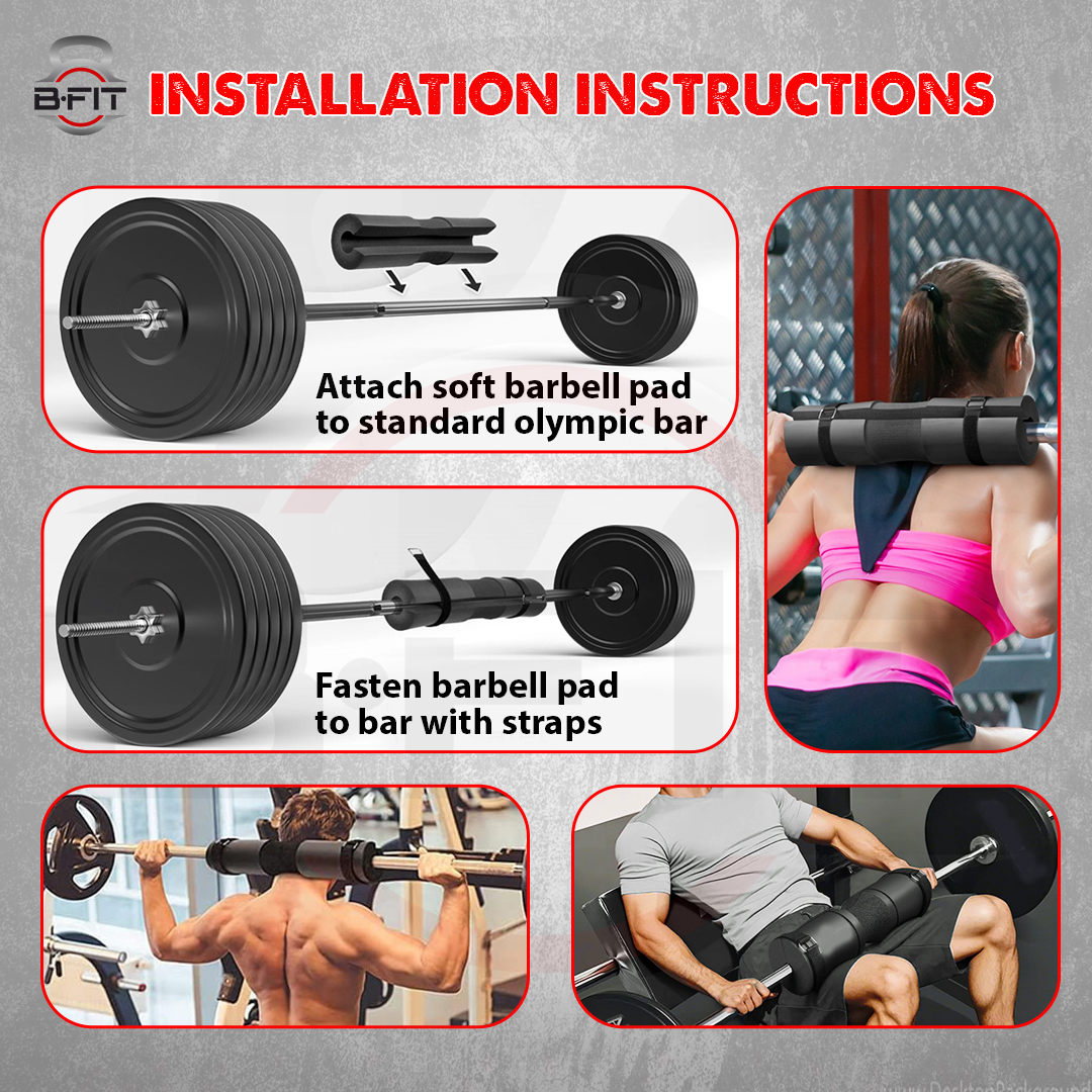 B Fit Barbell Squat Pad with Strap - Neck  Shoulder Protective Pad - Great for Squats Lunges Hip Thrusts Weight Lifting  More - Fit Standard and Olympic Bars Perfectly