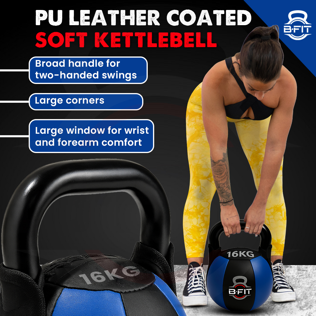 B Fit PU Leather Premium Soft Kettlebell 16 Kg with Handle for Weightlifting Conditioning Strength and core Training