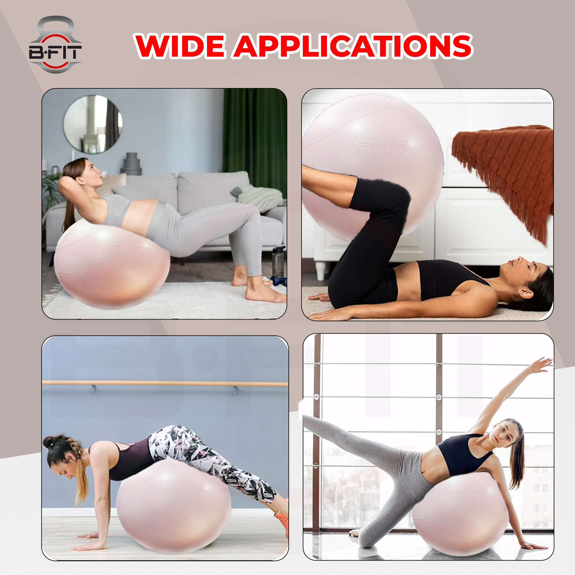 B Fit Exercise Printed Heavy Duty Peach Textured Commercial Gym Ball 65-75 Cm - Non-Slip Stability Ball - Anti Burst Yoga Ball