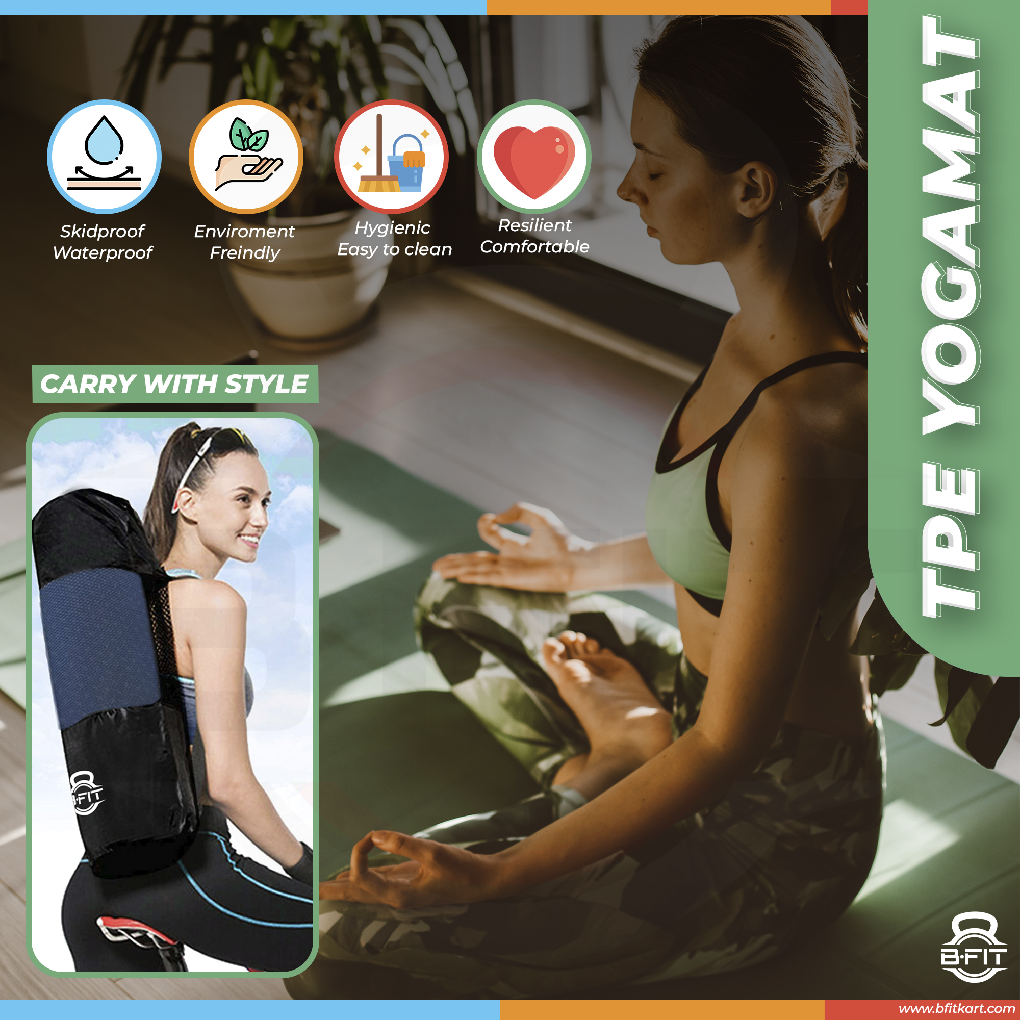 B Fit Premium TPE Yoga Mat Dark Green Color - Classic 6 MM Pro Yoga Mat Eco Friendly Non Slip Fitness Exercise Mat with Smart Carry Bag-Workout Mat for Yoga Pilates and Floor Exercises