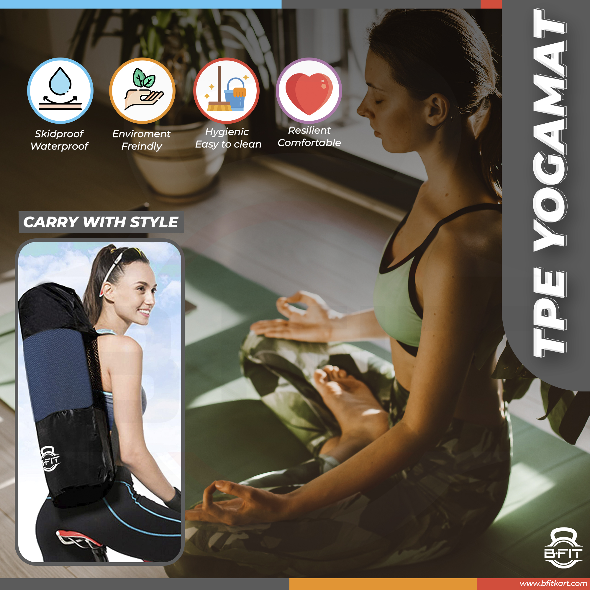 B Fit Premium TPE Yoga Mat Black Color - Classic 6 MM Pro Yoga Mat Eco Friendly Non Slip Fitness Exercise Mat with Smart Carry Bag-Workout Mat for Yoga Pilates and Floor Exercises