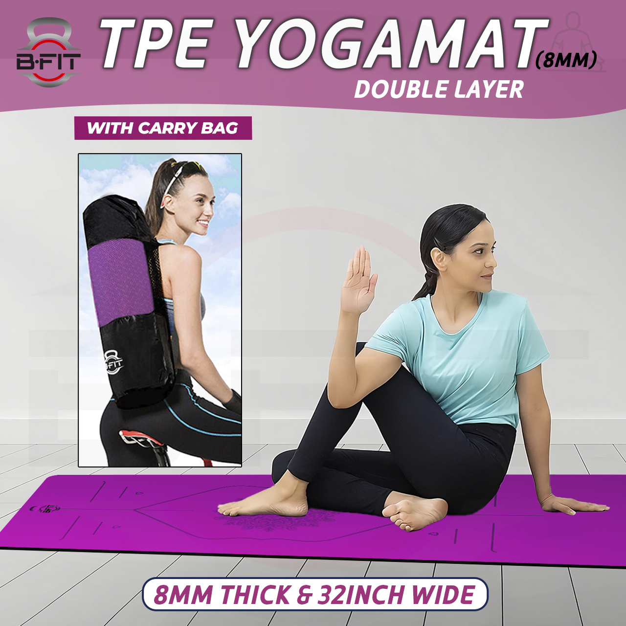 B Fit  Extra Wide 31x72 Inch 8 MM Thick Premium TPE Yoga Mat with Alignment Printed Green-Black  Color   - Classic Pro Yoga Mat Eco Friendly Non Slip Fitness Exercise Mat with Smart Carry Bag-Workout Mat for Yoga Pilates and Floor Exercises