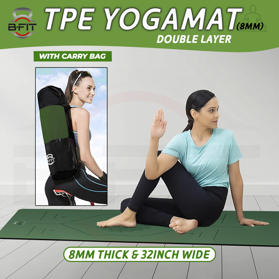 B Fit Extra Wide 31x72 Inch 8 MM Thick Premium TPE Yoga Mat with Alignment Printed Green-Black Color - Classic Pro Yoga Mat Eco Friendly Non Slip Fitness Exercise Mat with Smart Carry Bag-Workout Mat for Yoga Pilates and Floor Exercises
