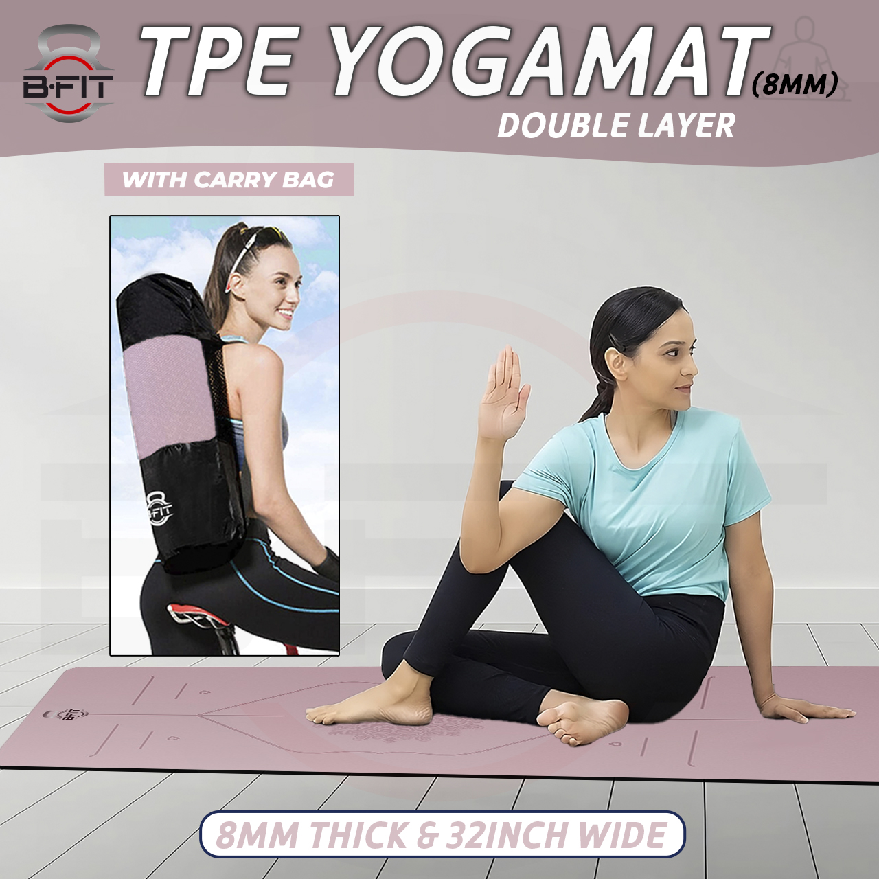 B Fit Extra Wide 31x72 Inch 8 MM Thick Premium TPE Yoga Mat with Alignment Printed Green-Black Color - Classic Pro Yoga Mat Eco Friendly Non Slip Fitness Exercise Mat with Smart Carry Bag-Workout Mat for Yoga Pilates and Floor Exercises