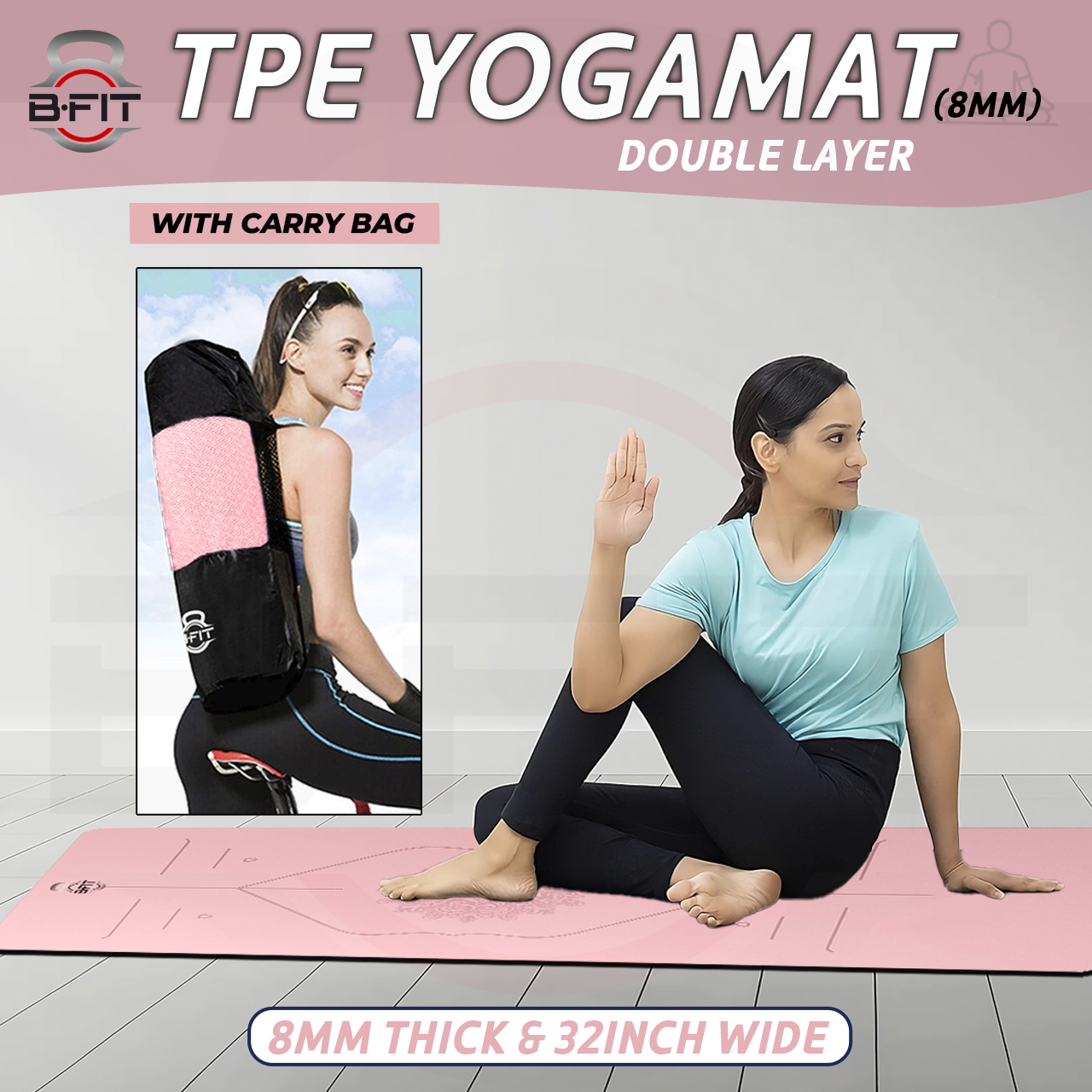 B Fit Extra Wide 31x72 Inch 8 MM Thick Premium TPE Yoga Mat with Alignment Printed Green-Black Color - Classic Pro Yoga Mat Eco Friendly Non Slip Fitness Exercise Mat with Smart Carry Bag-Workout Mat for Yoga Pilates and Floor Exercises