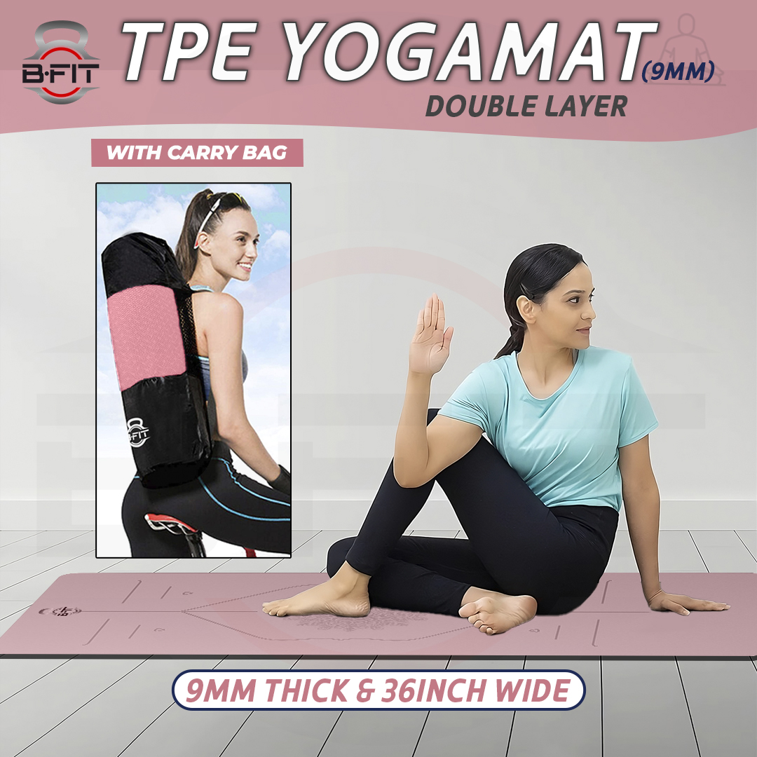 B Fit Extra Wide 36x72 Inch 9 MM Thick Premium TPE Yoga Mat with Alignment Printed Green-Black Color - Classic Pro Yoga Mat Eco Friendly Non Slip Fitness Exercise Mat with Smart Carry Bag-Workout Mat for Yoga Pilates and Floor Exercises