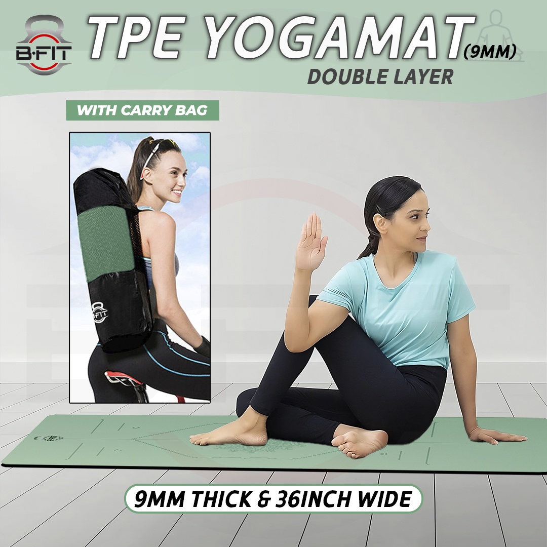 B Fit Extra Wide 36x72 Inch 9 MM Thick Premium TPE Yoga Mat with Alignment Printed Green-Black Color - Classic Pro Yoga Mat Eco Friendly Non Slip Fitness Exercise Mat with Smart Carry Bag-Workout Mat for Yoga Pilates and Floor Exercises