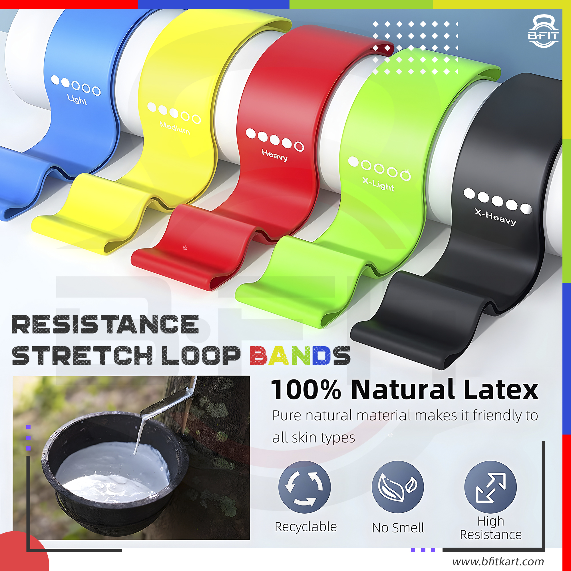 B FIT Resistance Loop Exercise Bands Set of 5 Fitness Bands Perfect for Legs and Butt Yoga Crossfit Strength Training Pilates with Instruction Guide Carry Bag