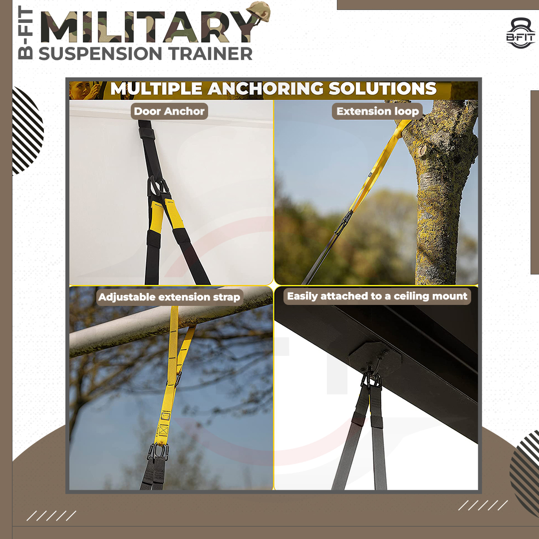 B Fit All-in-One Suspension Trainer - P3 Pro- Military Home-Gym System Kit with Additional Mount Anchor Bracket