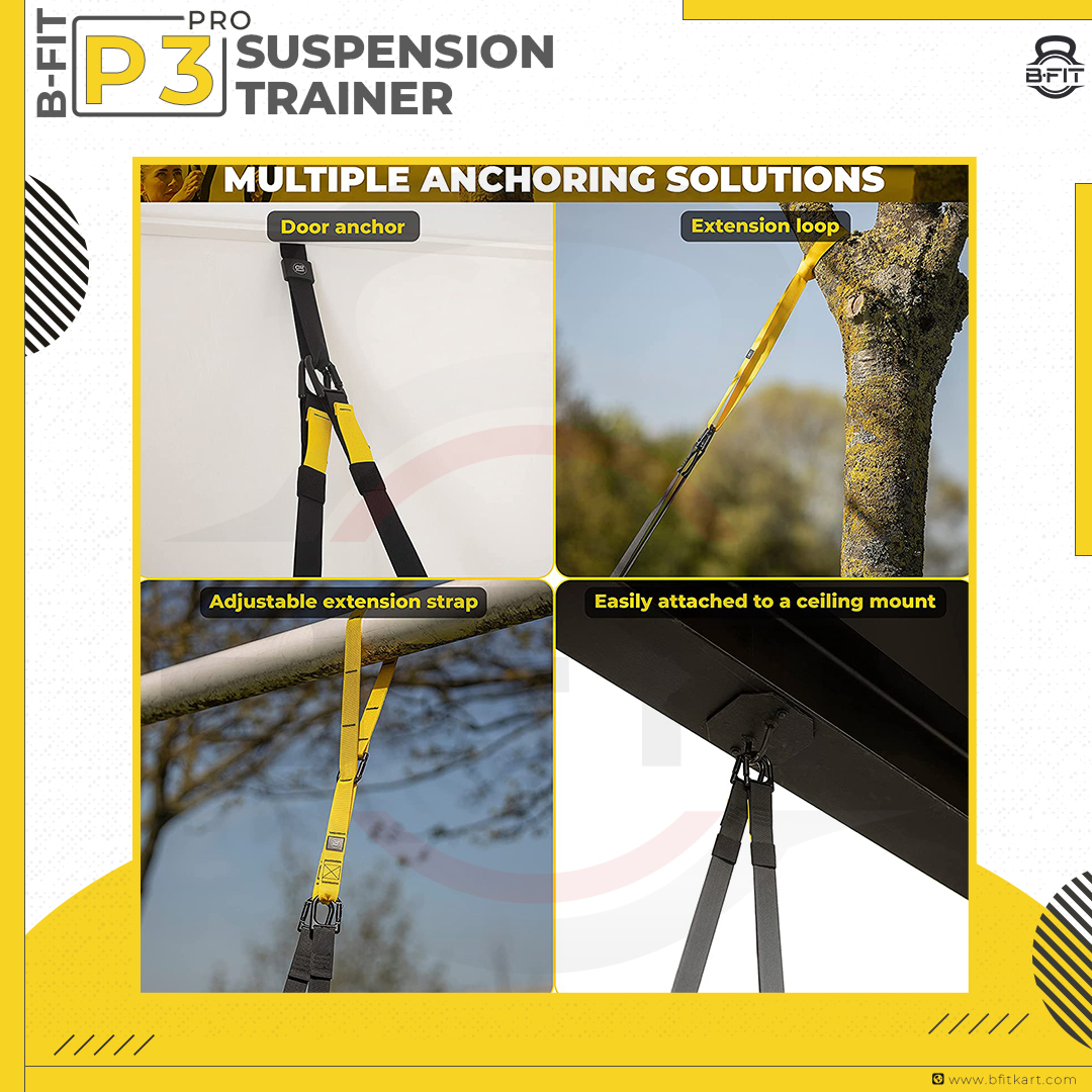 B Fit All-in-One Suspension Trainer - P3 Pro- Home-Gym System Kit with Additional Mount Anchor Bracket