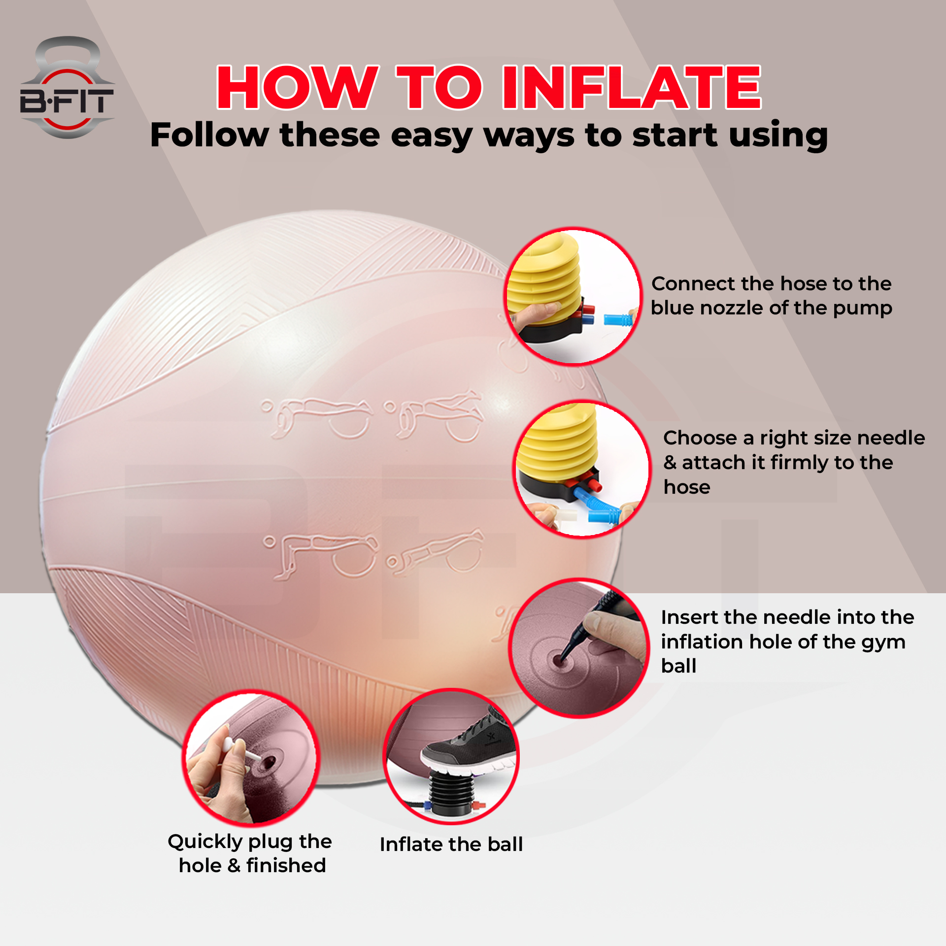 B Fit Exercise Printed Heavy Duty Peach Textured Commercial Gym Ball 65-75 Cm - Non-Slip Stability Ball - Anti Burst Yoga Ball