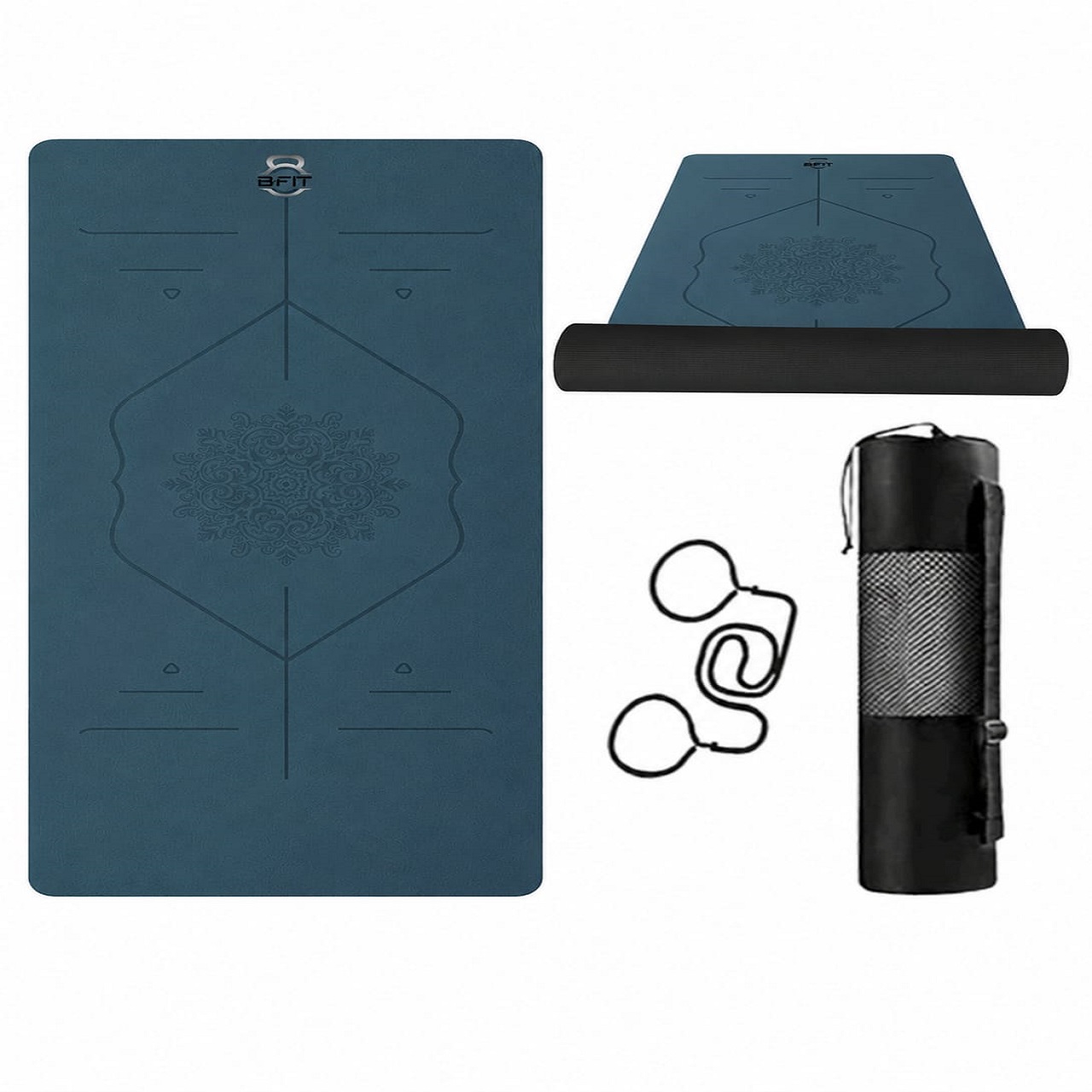 B Fit Extra Wide 36x72 Inch 9 MM Thick Premium TPE Yoga Mat with Alignment Printed Dark Blue -Black Color - Classic Pro Yoga Mat Eco Friendly Non Slip Fitness Exercise Mat with Smart Carry Bag-Workout Mat for Yoga Pilates and Floor Exercises