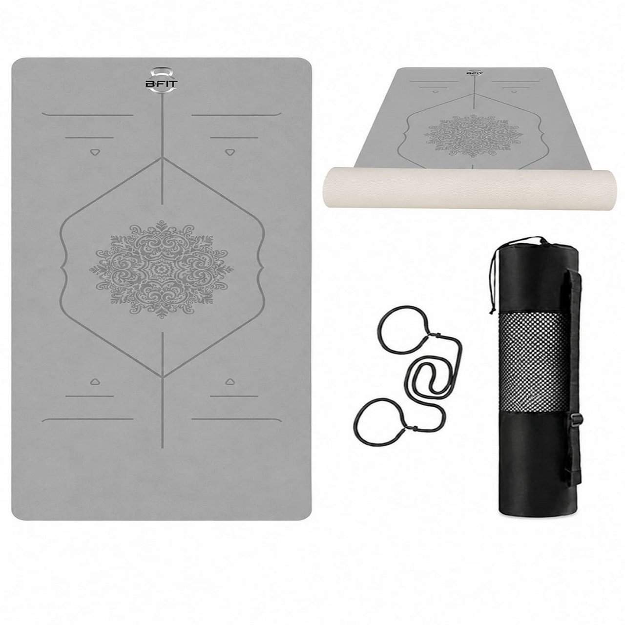 B Fit Extra Wide 36x72 Inch 9 MM Thick Premium TPE Yoga Mat with Alignment Printed Grey-Creame Color - Classic Pro Yoga Mat Eco Friendly Non Slip Fitness Exercise Mat with Smart Carry Bag-Workout Mat for Yoga Pilates and Floor Exercises