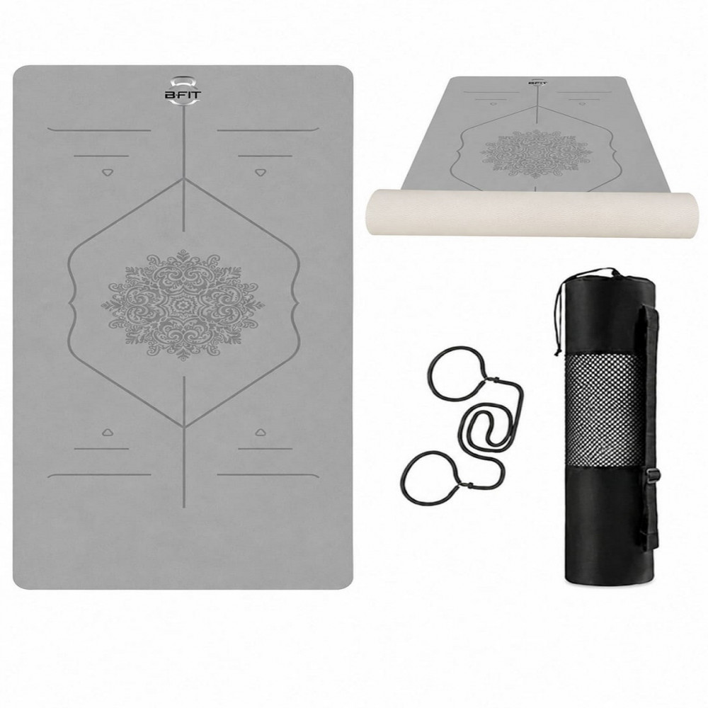 Image of B Fit  Extra Wide 36x72 Inch 9 MM Thick Premium TPE Yoga Mat with Alignment Printed Grey-Creame Color   - Classic Pro Yoga Mat Eco Friendly Non Slip Fitness Exercise Mat with Smart Carry Bag-Workout Mat for Yoga, Pilates and Floor Exercises