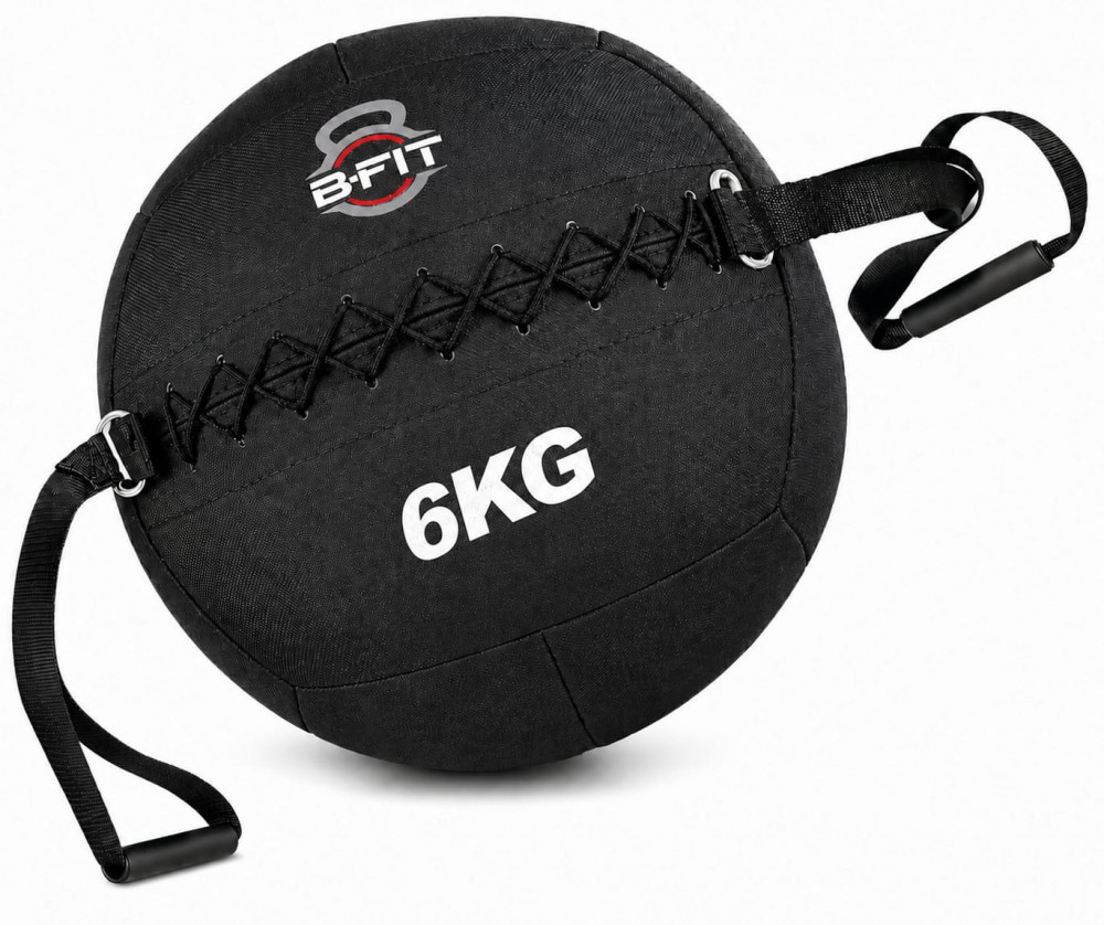Image of B fit Wall Ball with Handles 6 Kg, Weighted Exercise Ball for Dynamic Home, Gym &amp; HIIT Workouts, Build Strength, Power, Endurance &amp; Cardio Fitness, Soft Leather Heavy Duty Material, Comfortable Grip, Balanced Weight