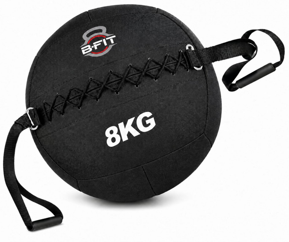 Image of B fit Wall Ball with Handles 8 Kg, Weighted Exercise Ball for Dynamic Home, Gym &amp; HIIT Workouts, Build Strength, Power, Endurance &amp; Cardio Fitness, Soft Leather Heavy Duty Material, Comfortable Grip, Balanced Weight