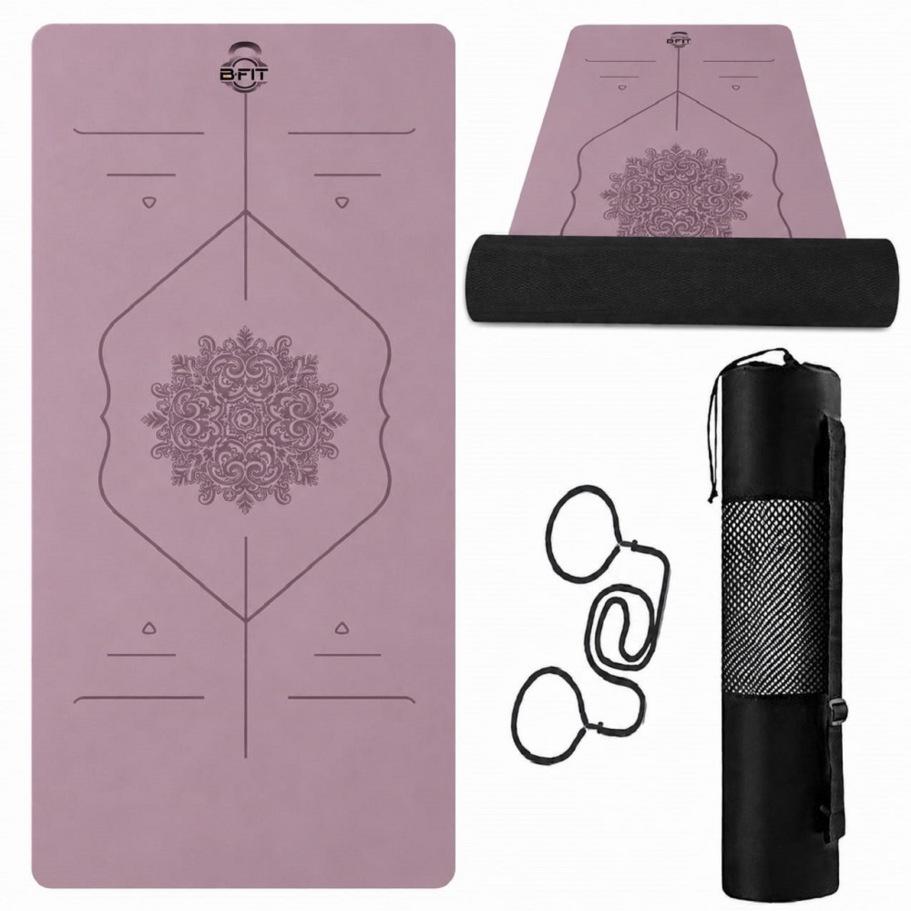 Image of B Fit  Extra Wide 36x72 Inch 9 MM Thick Premium TPE Yoga Mat with Alignment Printed Dark Purple-Black Color   - Classic Pro Yoga Mat Eco Friendly Non Slip Fitness Exercise Mat with Smart Carry Bag-Workout Mat for Yoga, Pilates and Floor Exercises