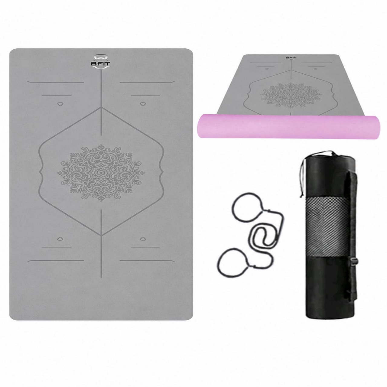 B Fit Extra Wide 36x72 Inch 9 MM Thick Premium TPE Yoga Mat with Alignment Printed Grey-Pink Color - Classic Pro Yoga Mat Eco Friendly Non Slip Fitness Exercise Mat with Smart Carry Bag-Workout Mat for Yoga Pilates and Floor Exercises