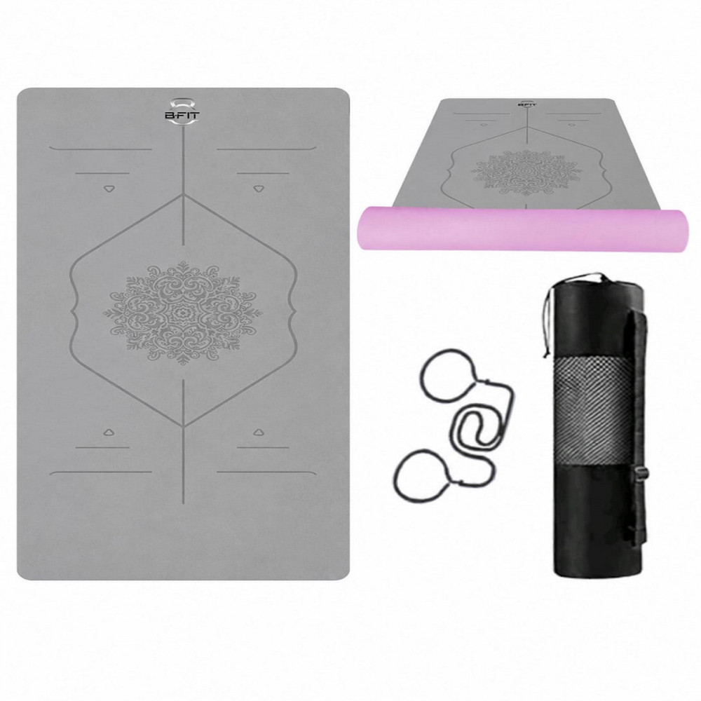 Image of B Fit  Extra Wide 36x72 Inch 9 MM Thick Premium TPE Yoga Mat with Alignment Printed Grey-Pink Color   - Classic Pro Yoga Mat Eco Friendly Non Slip Fitness Exercise Mat with Smart Carry Bag-Workout Mat for Yoga, Pilates and Floor Exercises
