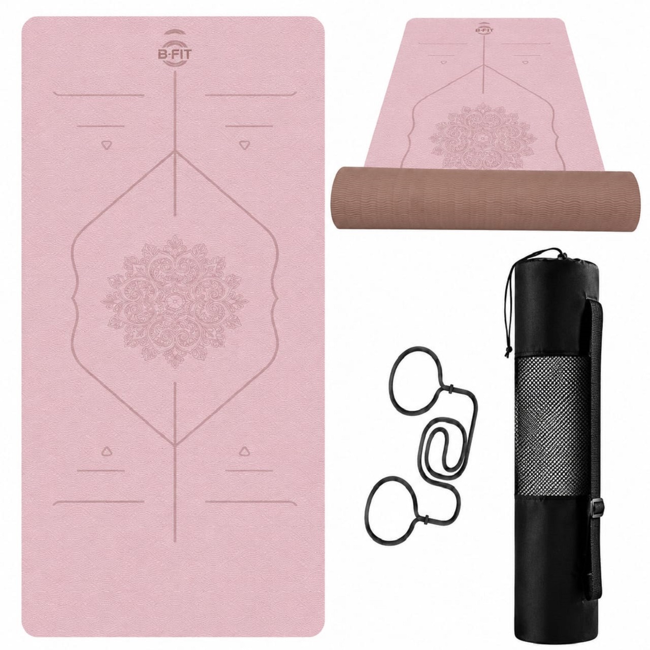 B Fit Extra Wide 36x72 Inch 9 MM Thick Premium TPE Yoga Mat with Alignment Printed Peach-Tan Color - Classic Pro Yoga Mat Eco Friendly Non Slip Fitness Exercise Mat with Smart Carry Bag-Workout Mat for Yoga Pilates and Floor Exercises