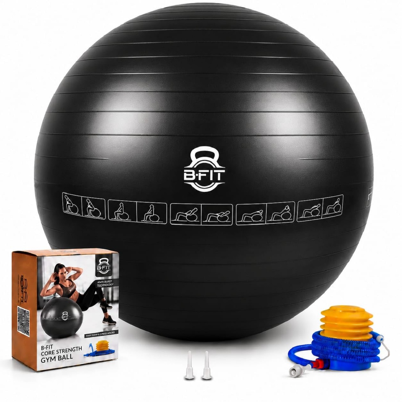 B Fit Exercise Printed Heavy Duty Black Commercial Gym Ball 55-95 Cm - Non-Slip Stability Ball - Anti Burst Yoga Ball