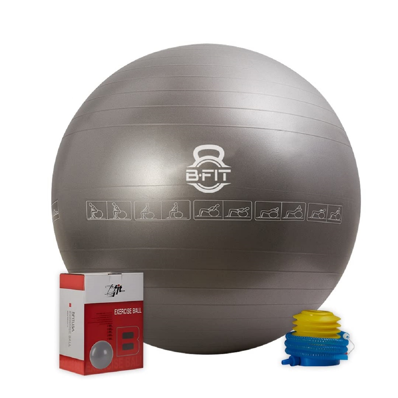 B Fit Exercise Printed Heavy Duty Silver Commercial Gym Ball 55-95 Cm - Non-Slip Stability Ball - Anti Burst Yoga Ball