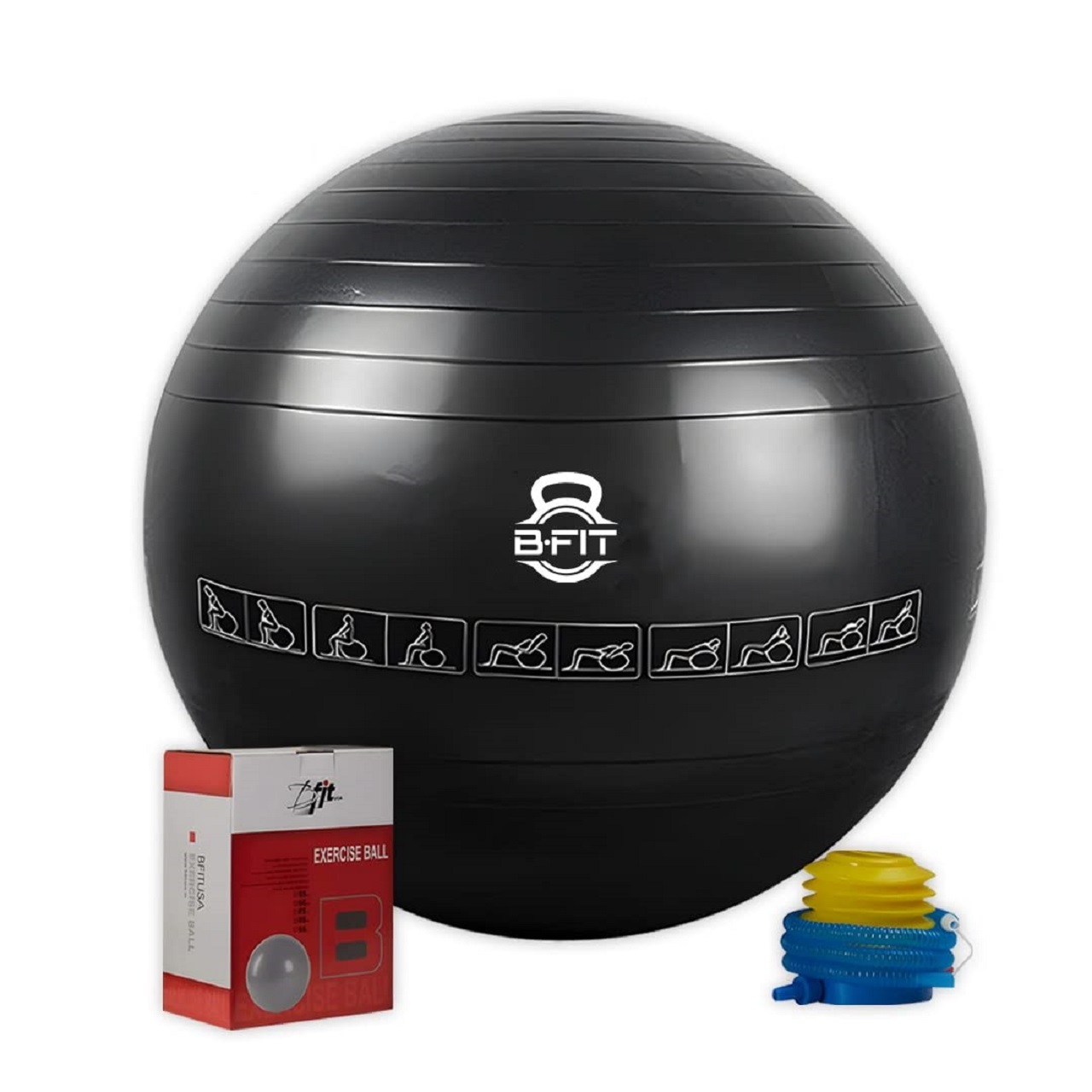 B Fit Exercise Printed Heavy Duty Black Commercial Gym Ball 55-95 Cm - Non-Slip Stability Ball - Anti Burst Yoga Ball