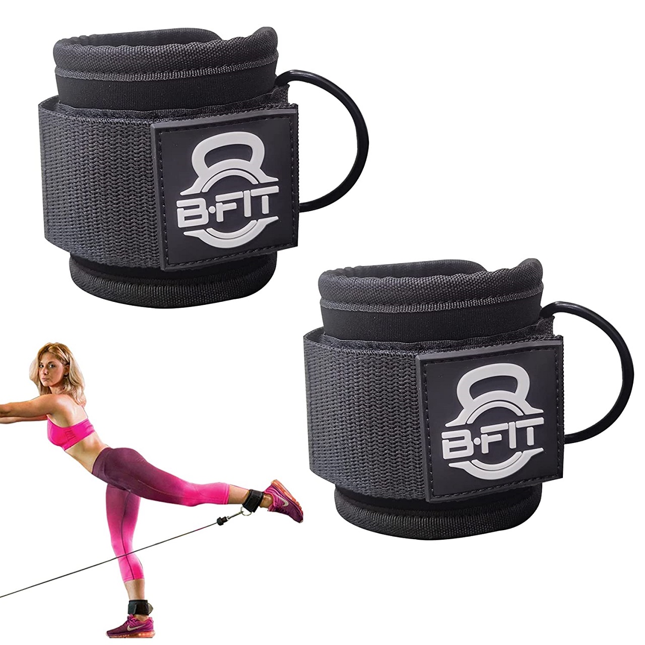 B Fit Ankle Strap Neoprene Padded Fitness Wrist Cuff with D Ring High Strength Exercises Belt Gym Pulley Strap for Cable Machines One Pair