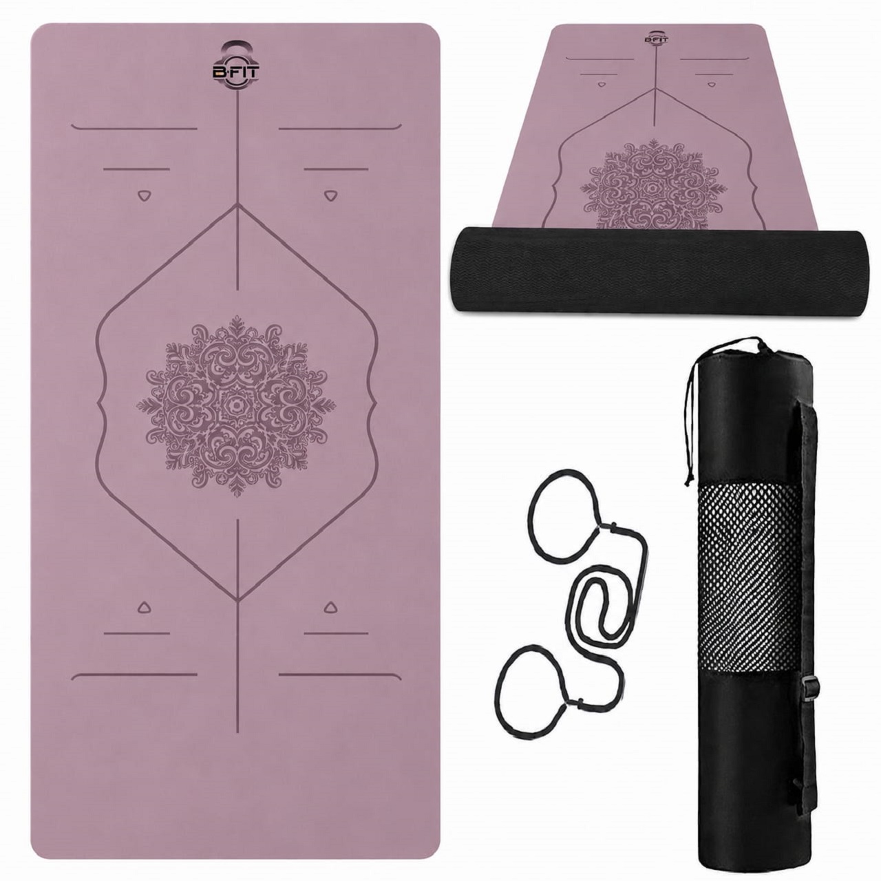 B Fit Extra Wide 36x68 Inch 9 MM Thick Premium TPE Yoga Mat with Alignment Printed Dark Purple-Black Color - Classic Pro Yoga Mat Eco Friendly Non Slip Fitness Exercise Mat with Smart Carry Bag-Workout Mat for Yoga Pilates and Floor Exercises